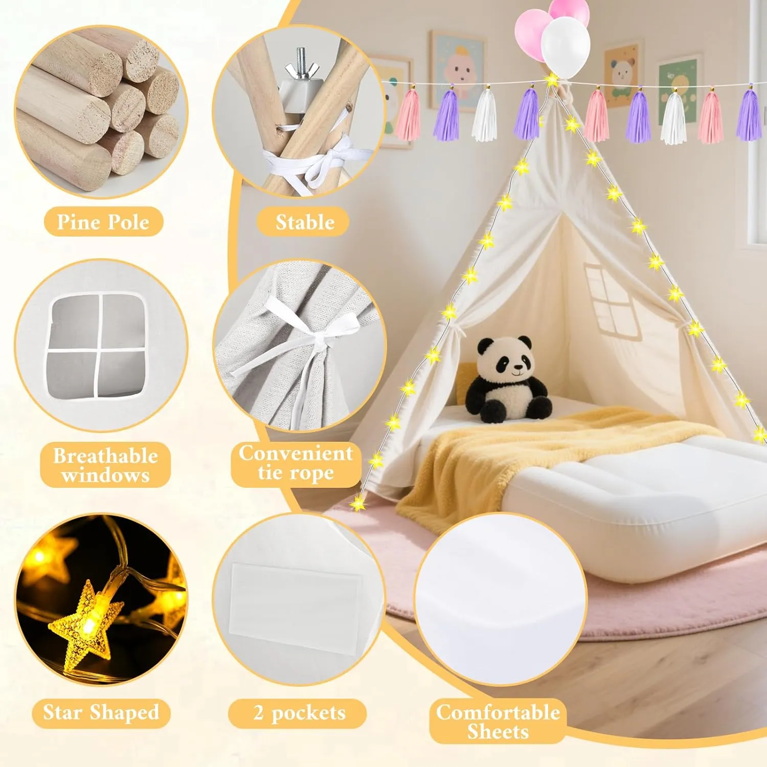 PLULON Teepee Tent for Kids Slumber Party, Sleepover Tents for Girls Party, Play Indoor with Inflatable Airbed and Decorations Accessories Foldable Playhouse Christmas Birthday Gift