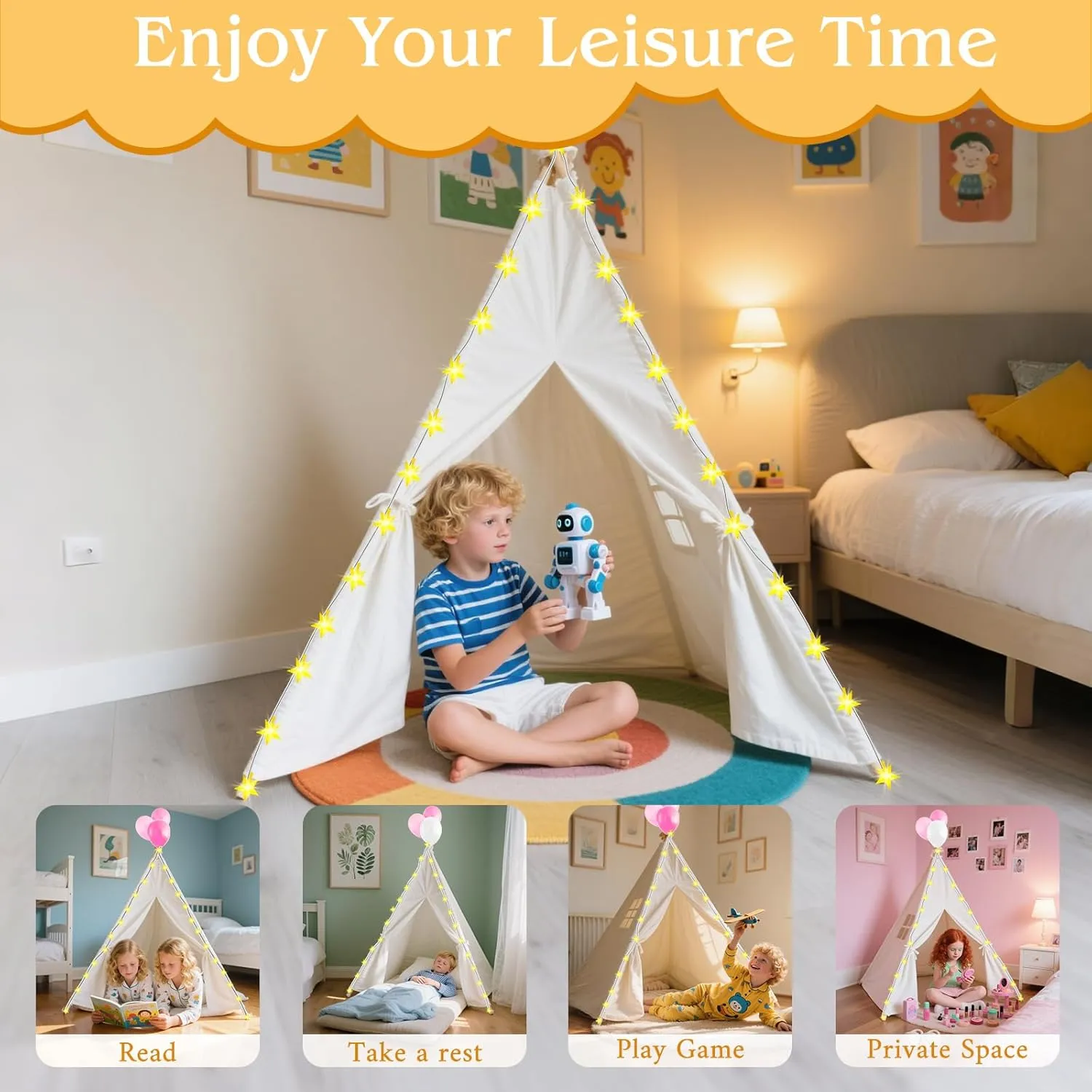 PLULON Teepee Tent for Kids Slumber Party, Sleepover Tents for Girls Party, Play Indoor with Inflatable Airbed and Decorations Accessories Foldable Playhouse Christmas Birthday Gift