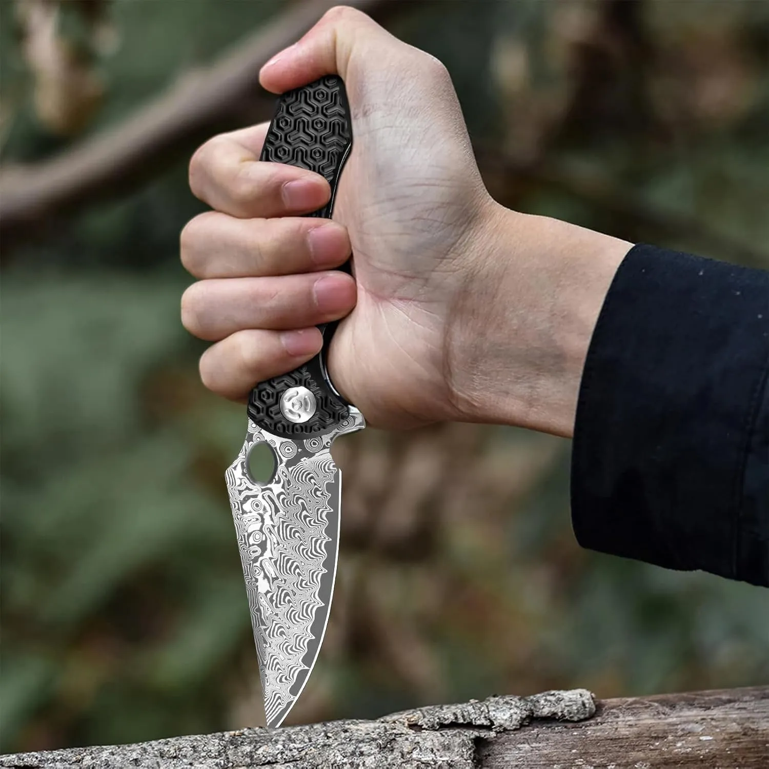 Pocket Knife for EDC Damascus Pocket Knife with Black Aluminum Handle 3.3" Damascus Blade Pocket knives & Folding Knives