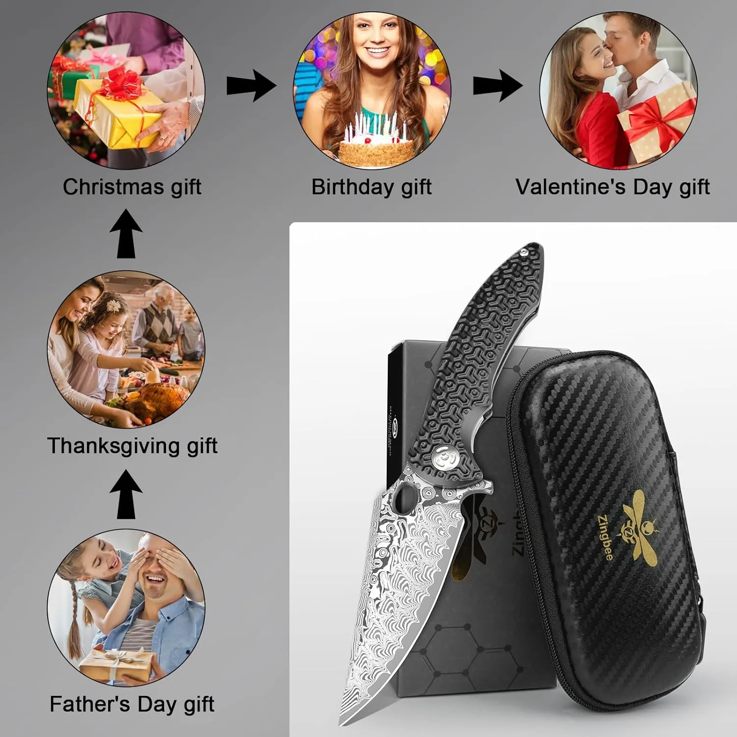 Pocket Knife for EDC Damascus Pocket Knife with Black Aluminum Handle 3.3" Damascus Blade Pocket knives & Folding Knives