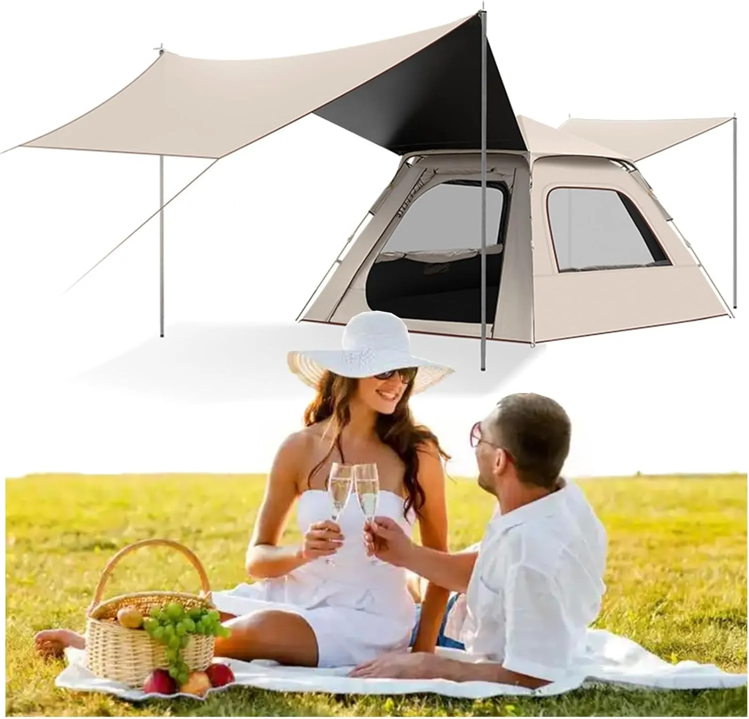 Pop Up Camping Tent with Canopy & 2x2m Picnic Mat, Outdoor Instant Camping Tent for 4-8 Person, Portable Family Tent for Backpacking Hiking Mountaineering Weekend,8 Person