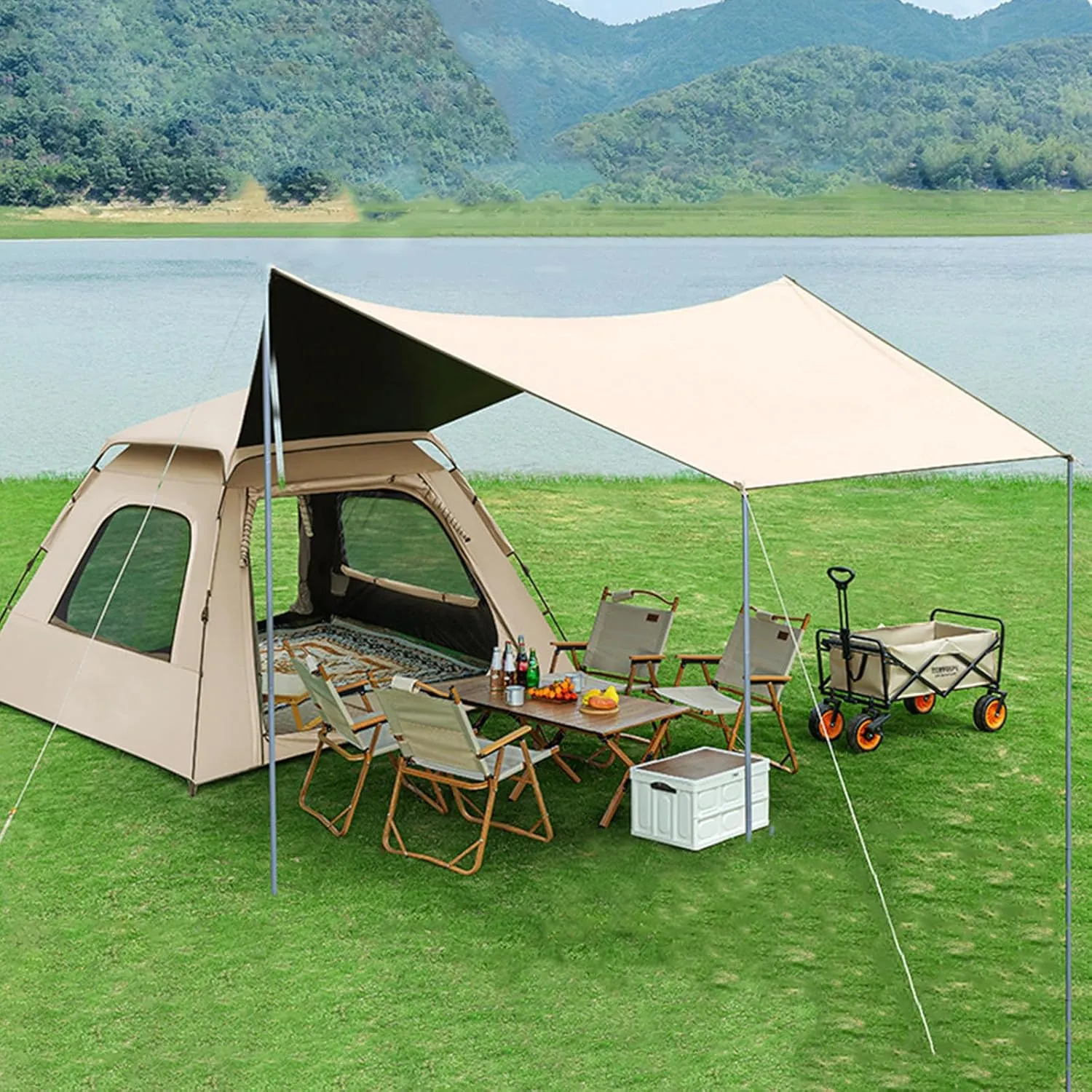 Pop Up Camping Tent with Canopy & 2x2m Picnic Mat, Outdoor Instant Camping Tent for 4-8 Person, Portable Family Tent for Backpacking Hiking Mountaineering Weekend,8 Person