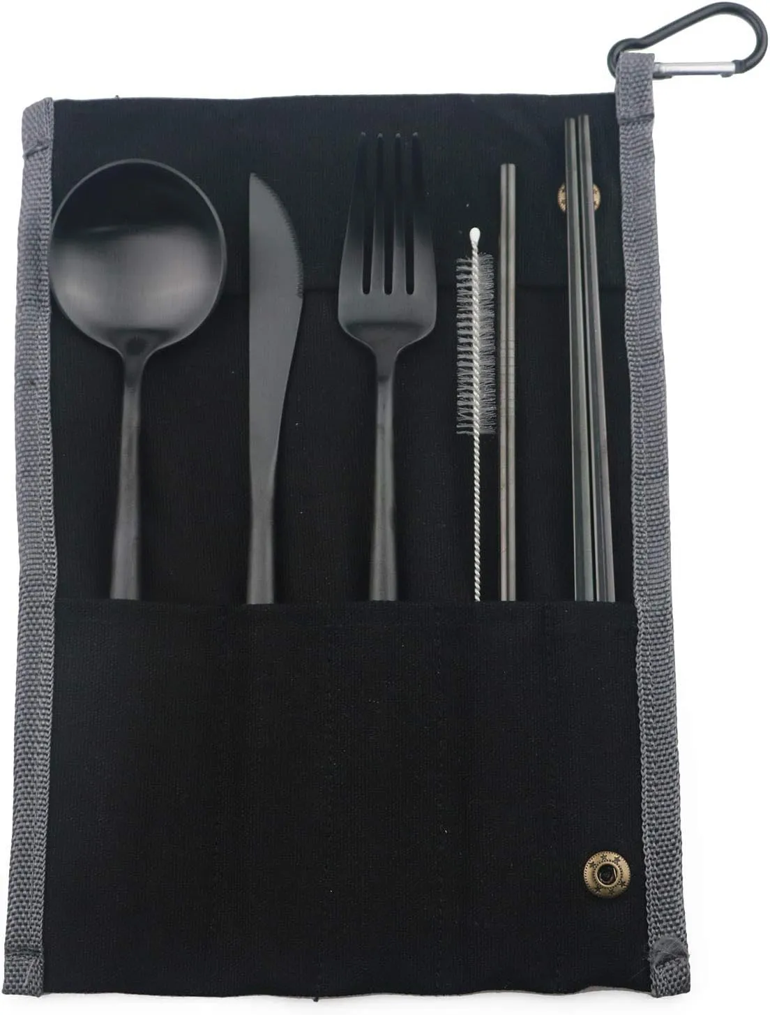Portable 6 Pieces Flatware Set, 304 Stainless Steel Knife, Fork, Spoon, Chopsticks, Metal Straw, Cleaning Brush, Durable Travel Cutlery Set, Black Pouch Bag, Black