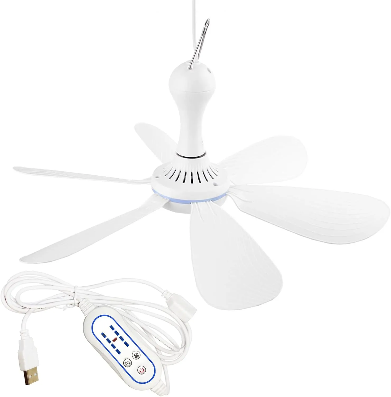 Portable Ceiling Fan USB Powered Canopy Fan with Speed Timer switch, Quiet Small DC USB Ceiling Fan Hanging Fan with 6 Blades for Camping Cruise RV Tent Gazebo Bed Dormitory Home Room