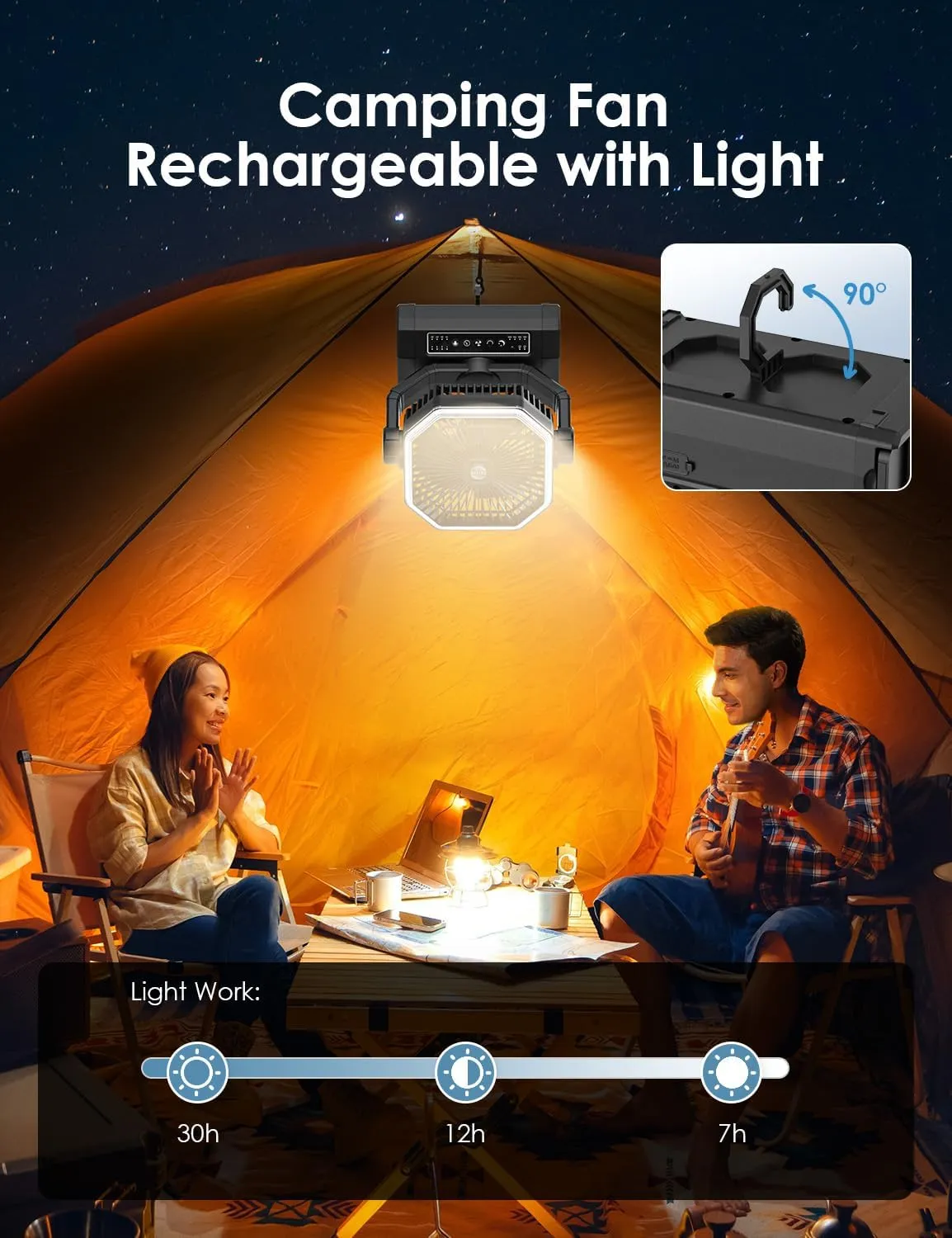 Portable Rechargeable Fan - 9-Inch Camping Fan for Tent, 10000mAh(30Hrs) Battery Operated Fan for Camping, Auto Oscillation Cordless Fan, Tent Fan with Remote/Light, 4 Speeds, 4 Timing, Outdoor