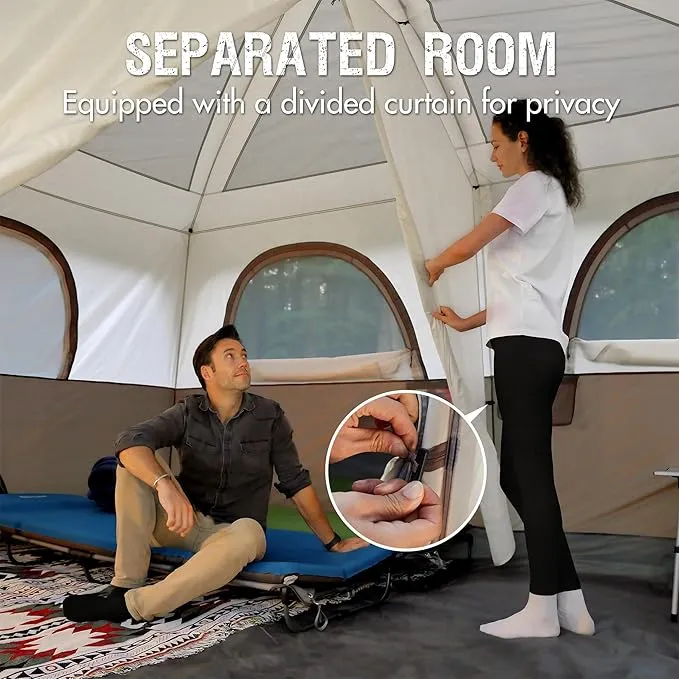 PORTAL 10 Person Camping Tent with Porch, Big Family Cabin Tent with 2 Rooms, 2 Doors, 2 Ground Vents, 6 Large Mesh Windows, Divided Curtain for Camping, Outdoor, Traveling, Water Resistant