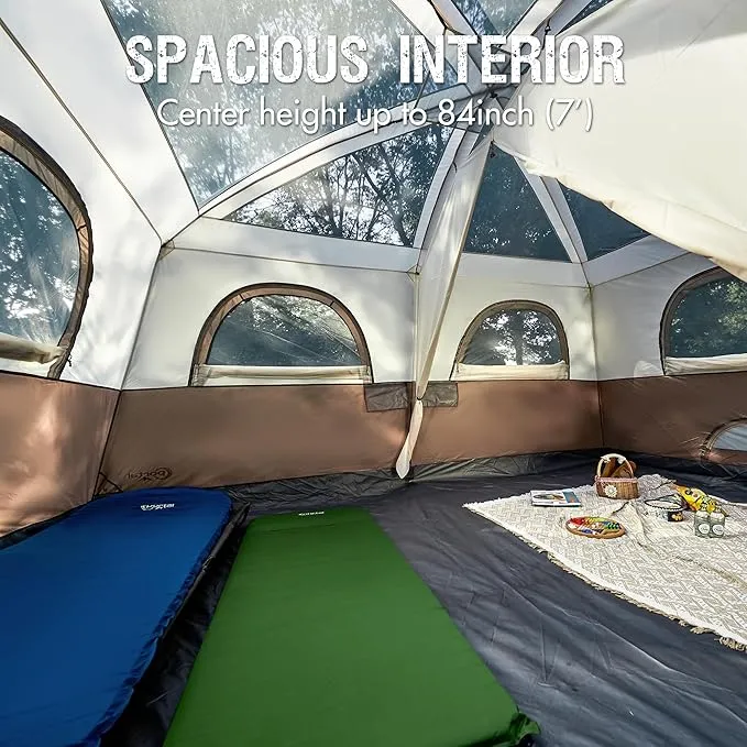 PORTAL 10 Person Camping Tent with Porch, Big Family Cabin Tent with 2 Rooms, 2 Doors, 2 Ground Vents, 6 Large Mesh Windows, Divided Curtain for Camping, Outdoor, Traveling, Water Resistant