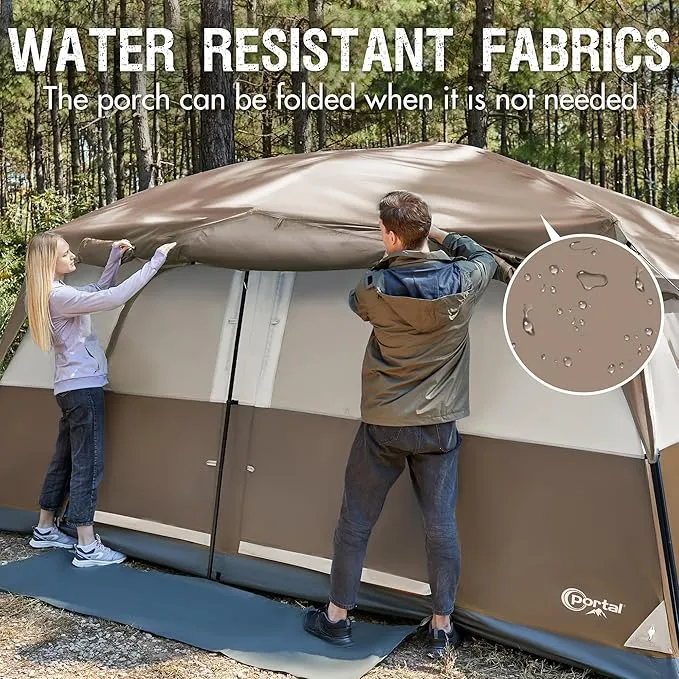 PORTAL 10 Person Camping Tent with Porch, Big Family Cabin Tent with 2 Rooms, 2 Doors, 2 Ground Vents, 6 Large Mesh Windows, Divided Curtain for Camping, Outdoor, Traveling, Water Resistant