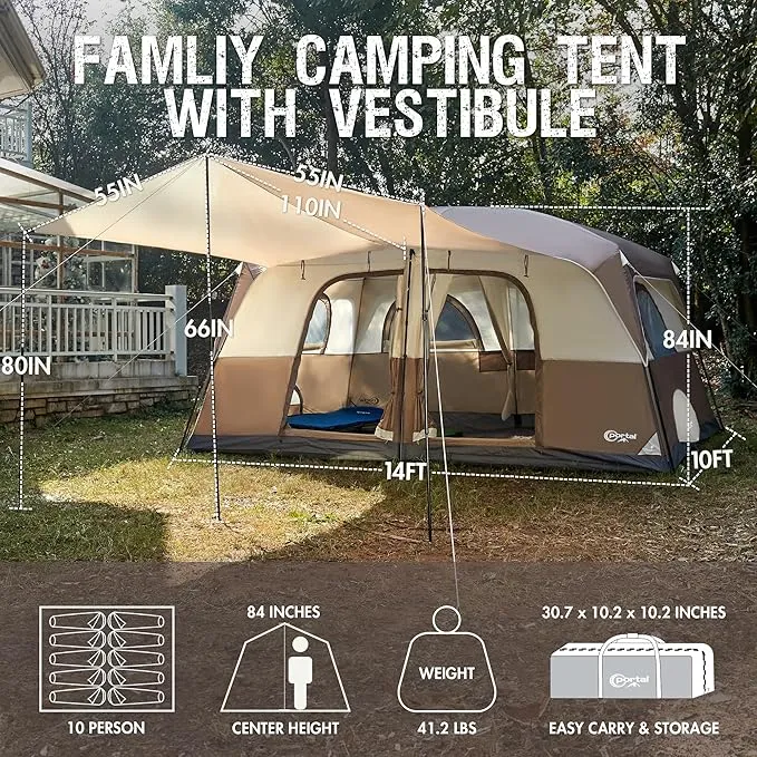 PORTAL 10 Person Camping Tent with Porch, Big Family Cabin Tent with 2 Rooms, 2 Doors, 2 Ground Vents, 6 Large Mesh Windows, Divided Curtain for Camping, Outdoor, Traveling, Water Resistant