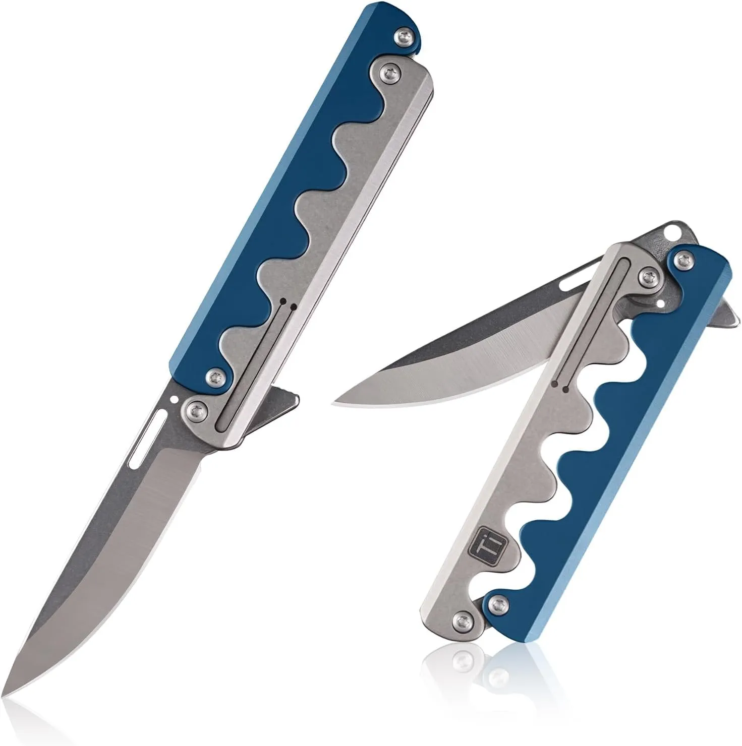 Premium Titanium Sidewinder Folding Knife – Ready-to-Gift EDC Tool with Dual-Force Lock, One-Hand Deployment, CNC Blue/Wave Grip & D2 Steel Blade (Includes Gift Box)