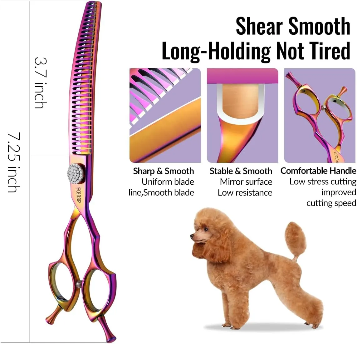 Professional Curved Chunkers Shears Dog Grooming 7.5'' Rainbow Curved Thinning Scissors for Large Dogs, 35 Teeth, Japan 440C Stainless Steel, Purple