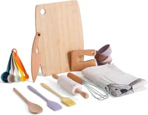 Promise Babe Kids Knife Set for Real Cooking and Baking, 14 Pcs Food Grade Montessori Kitchen Tools, Toddler Kitchen Tools with Safe Toddler Knife Set, Cutting Board, Kids Apron and Rolling Pin