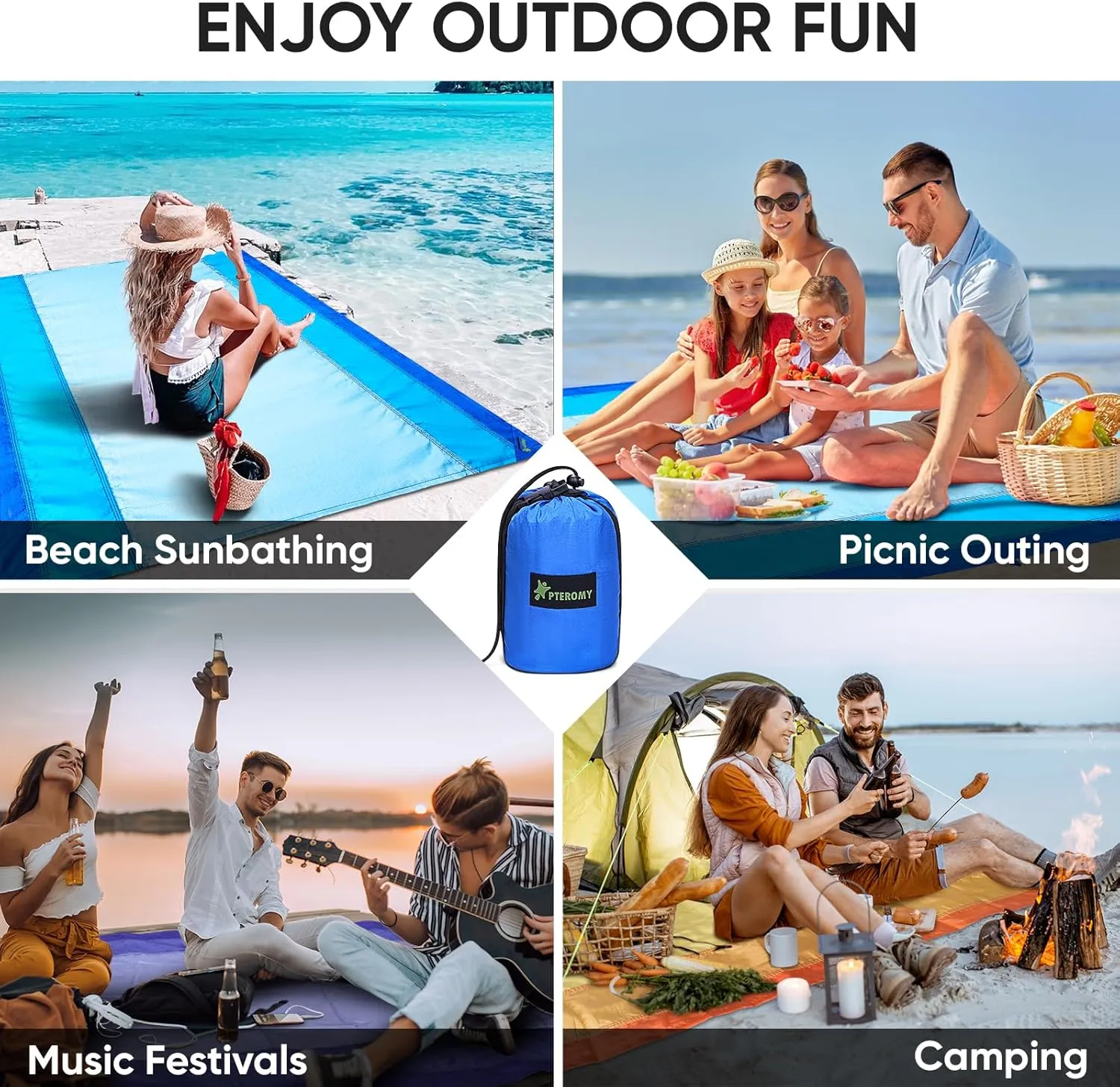 PTEROMY Beach Blanket Waterproof Sandproof, Extra Large Beach Mat with Storage Bag, Quick Drying Lightweight, 6 Stakes, Accessories for Picnic, Travel (9x10 FT, Blue)
