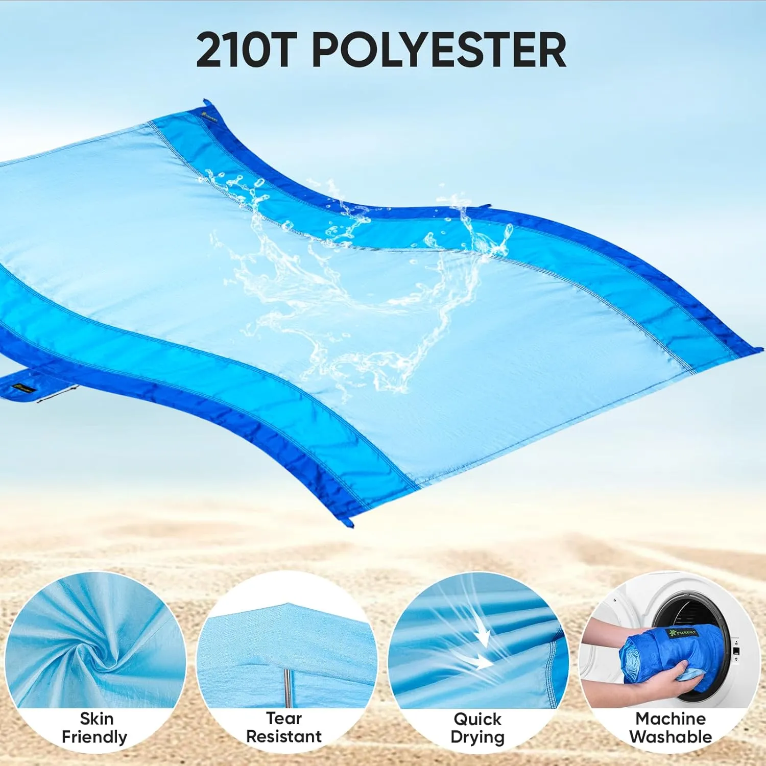 PTEROMY Beach Blanket Waterproof Sandproof, Extra Large Beach Mat with Storage Bag, Quick Drying Lightweight, 6 Stakes, Accessories for Picnic, Travel (9x10 FT, Blue)