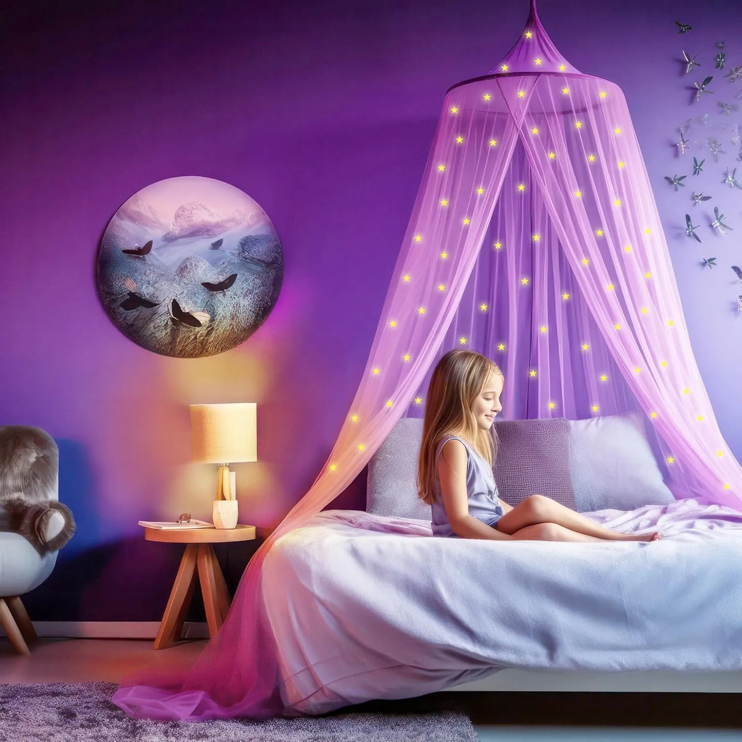 Purple Canopy for Girls Bed with Pre-Glued Glow in The Dark Stars - Princess Mosquito Net Room Decor - Kids & Baby Bedroom Tent with Galaxy Lights - 1 Opening Canopy Bed & Hanging Kit Included