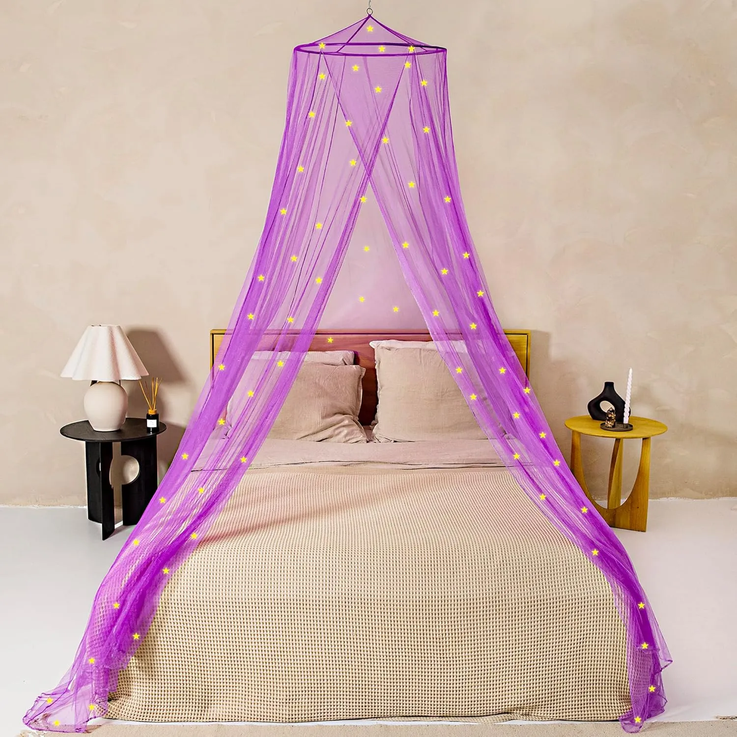 Purple Canopy for Girls Bed with Pre-Glued Glow in The Dark Stars - Princess Mosquito Net Room Decor - Kids & Baby Bedroom Tent with Galaxy Lights - 1 Opening Canopy Bed & Hanging Kit Included