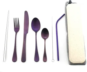 Purple Reusable Utensils with Case Camping Travel Silverware Set,Portable Stainless Steel Cutlery Set - Matte Flatware Set Knife Fork Spoon Mirror Straws Chopsticks -for Office Lunch, Hiking, School
