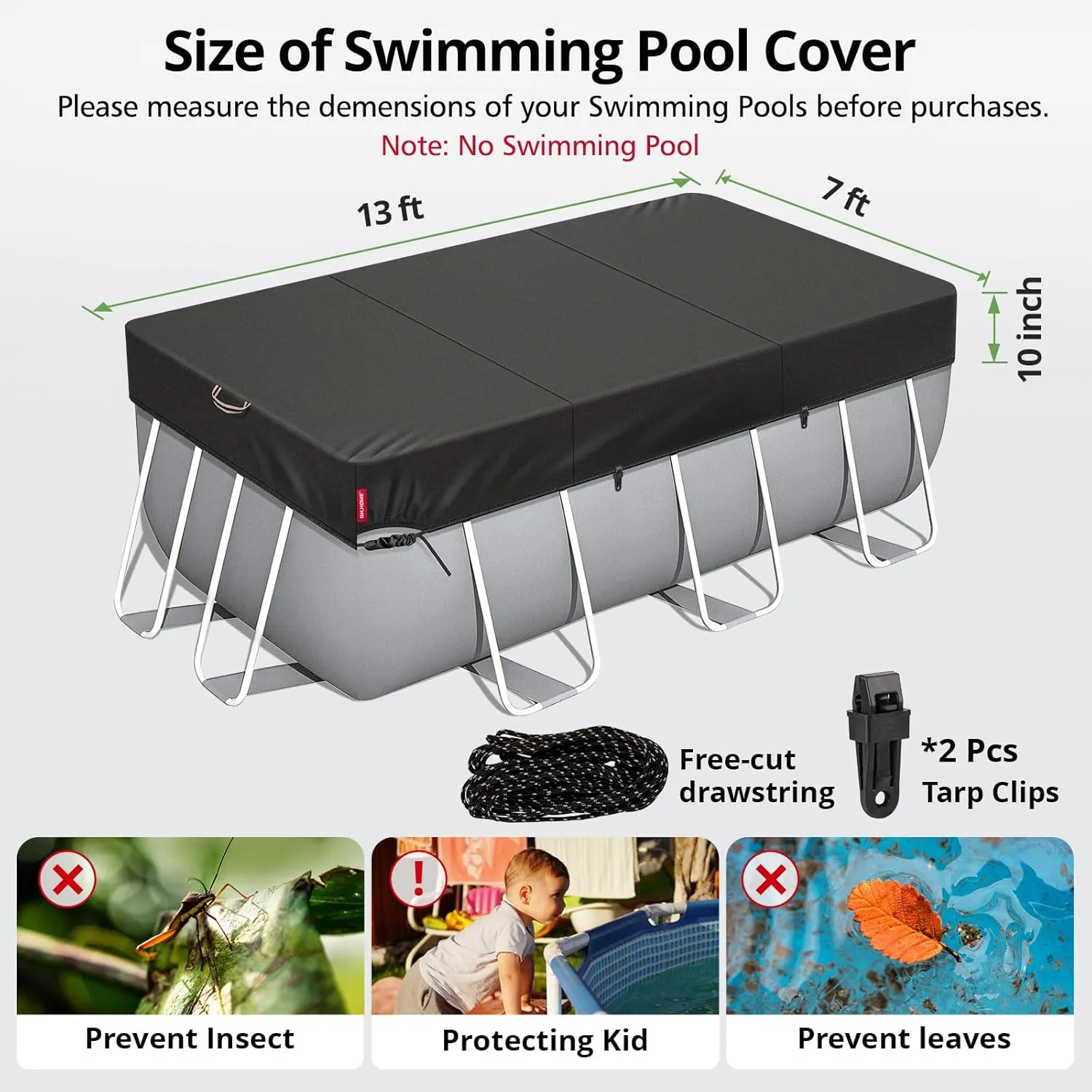 QH.HOME [2025 Upgrade Super Windproof] 7x13FT Rectangle Pool Cover for Above Ground Pools,[Durable and Tear-Resistant] Winter Oval Pool Cover with Enhanced Ratchets and Tarp Clips