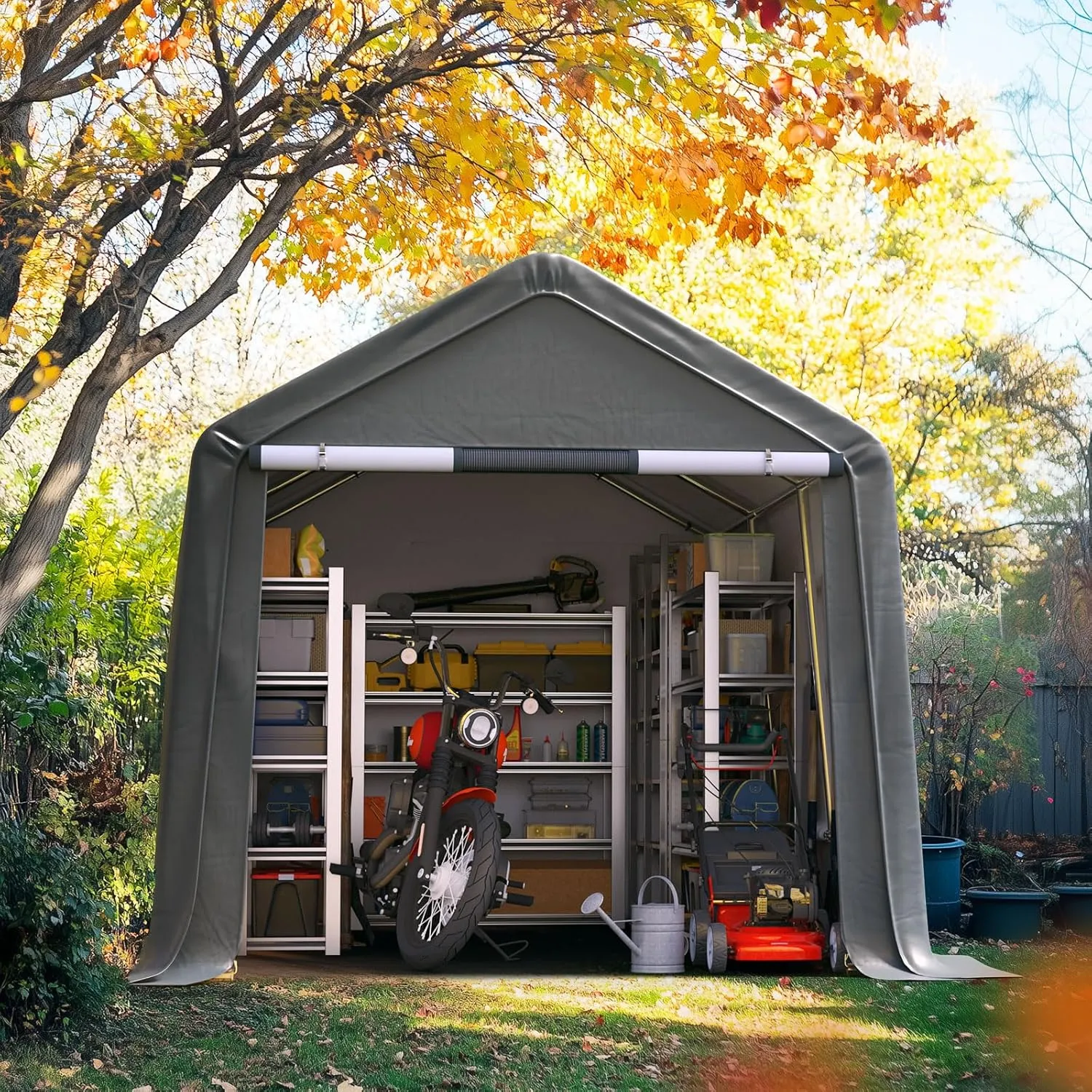 Quictent 8x14FT Carport Shelter with Roll-Up Mesh Windows & Reinforced Frame, Portable Garage Canopy for Motorcycle Storage, Outdoor Equipment, Patio Furniture Cover - Dark Gray