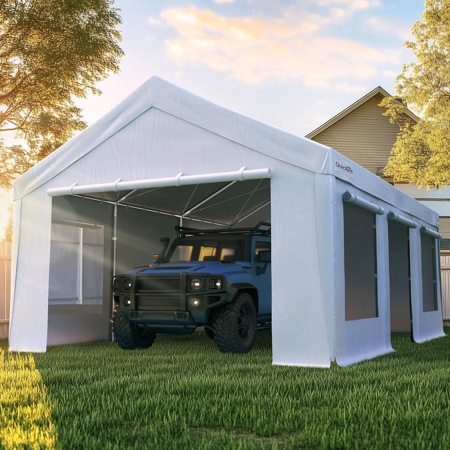 Quictent Heavy Duty 10x20 ft Carports with Side Zipper Doors & Snowproof Steel Cables & Ventilated Windows, Waterproof Storage Shelter for Car, Boat, RV, Outdoor Equipment, White