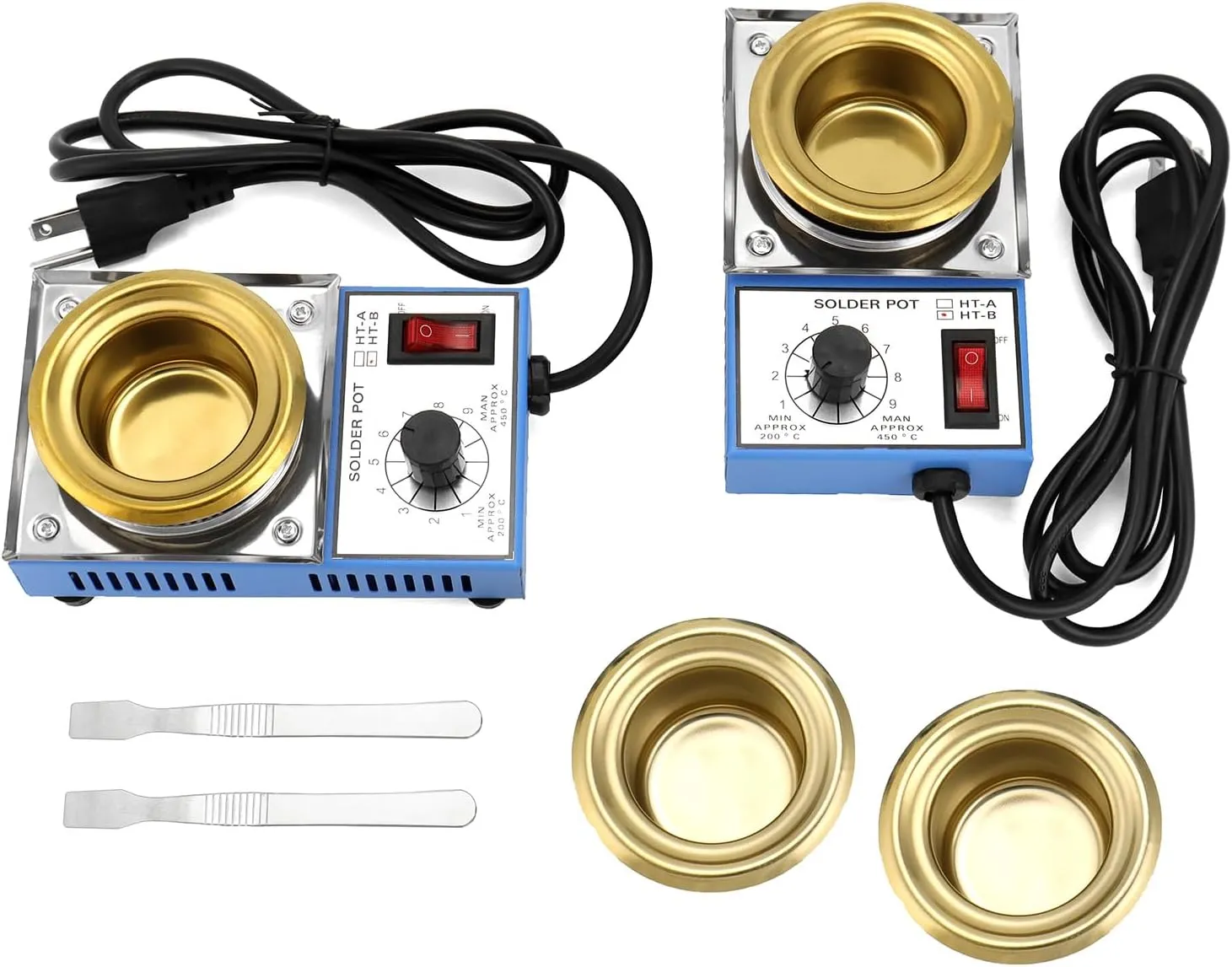 QWORK Solder Pot, 2 Pcs 150W 110V, 50mm Soldering Bath Titanium Plate, Capacity 500g 200-450°c,Include Extra 50mm pot& Solder Paste Scraper for Welding and Soldering Bath
