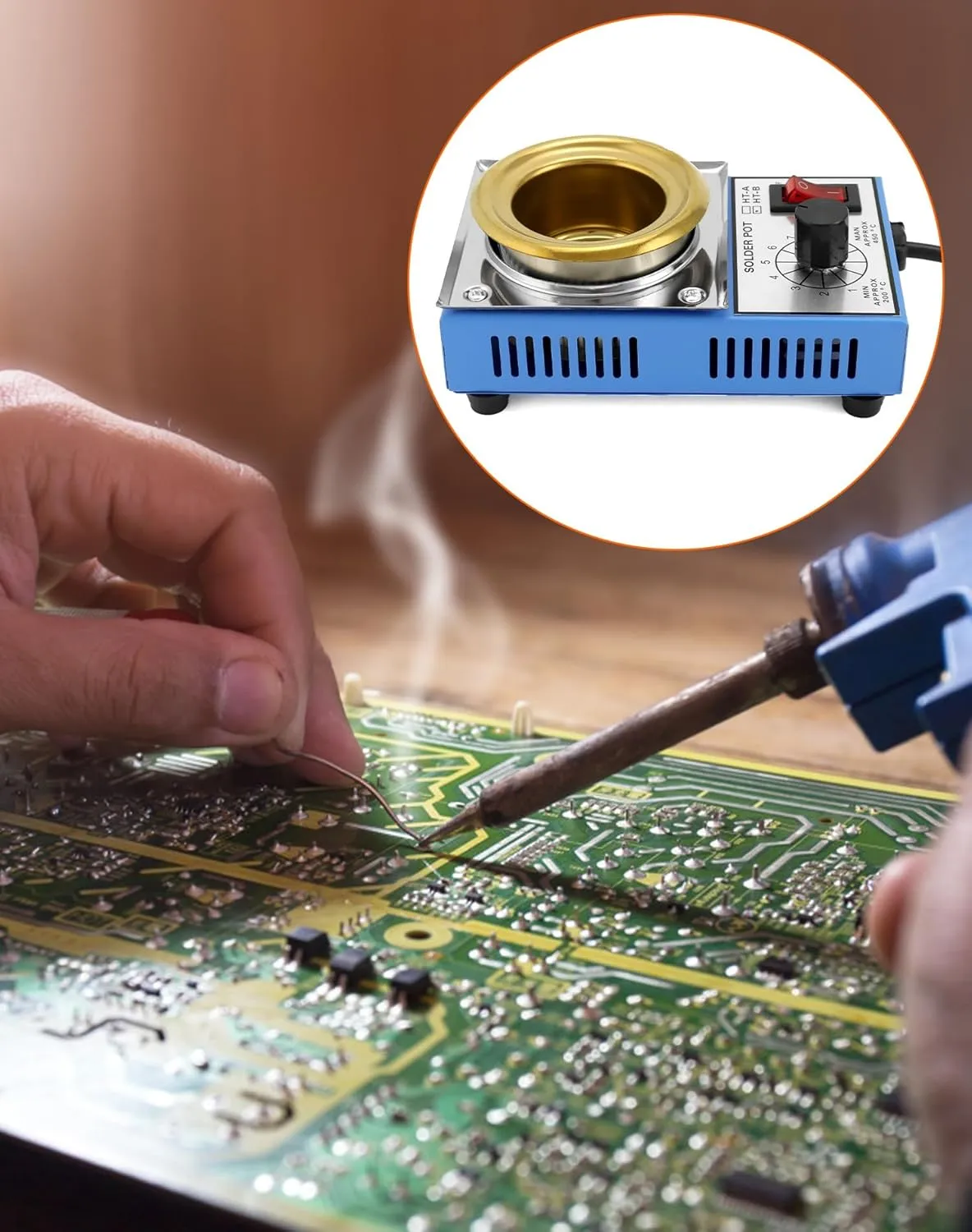 QWORK Solder Pot, 2 Pcs 150W 110V, 50mm Soldering Bath Titanium Plate, Capacity 500g 200-450°c,Include Extra 50mm pot& Solder Paste Scraper for Welding and Soldering Bath