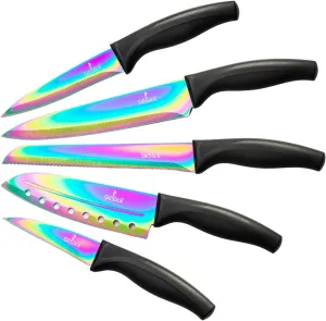 Rainbow Kitchen Knife Set, Sharp Stainless Steel Knives with Titanium Coating, Chef, Bread, Santoku, Paring, & Utility, Includes Covers, Ergonomic Black Handle