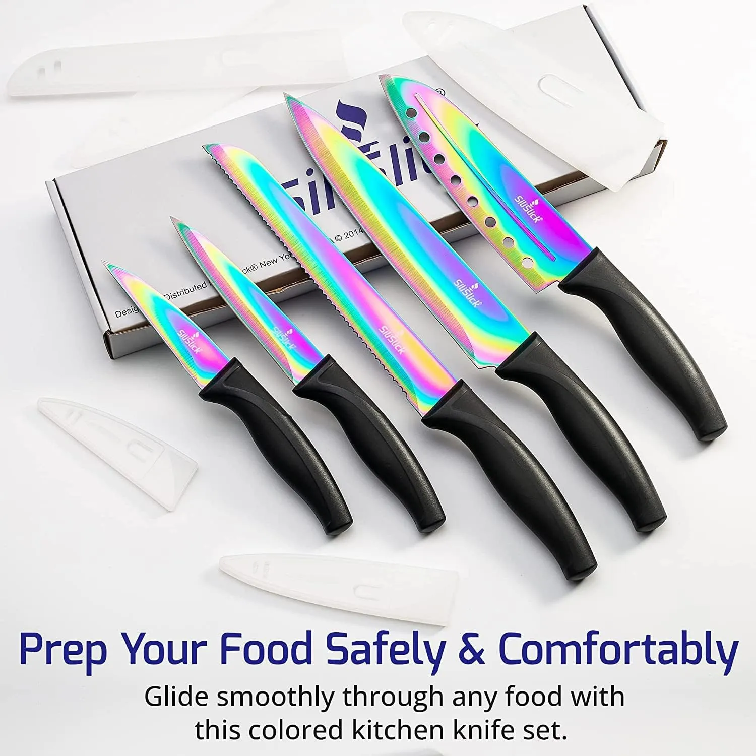 Rainbow Kitchen Knife Set, Sharp Stainless Steel Knives with Titanium Coating, Chef, Bread, Santoku, Paring, & Utility, Includes Covers, Ergonomic Black Handle
