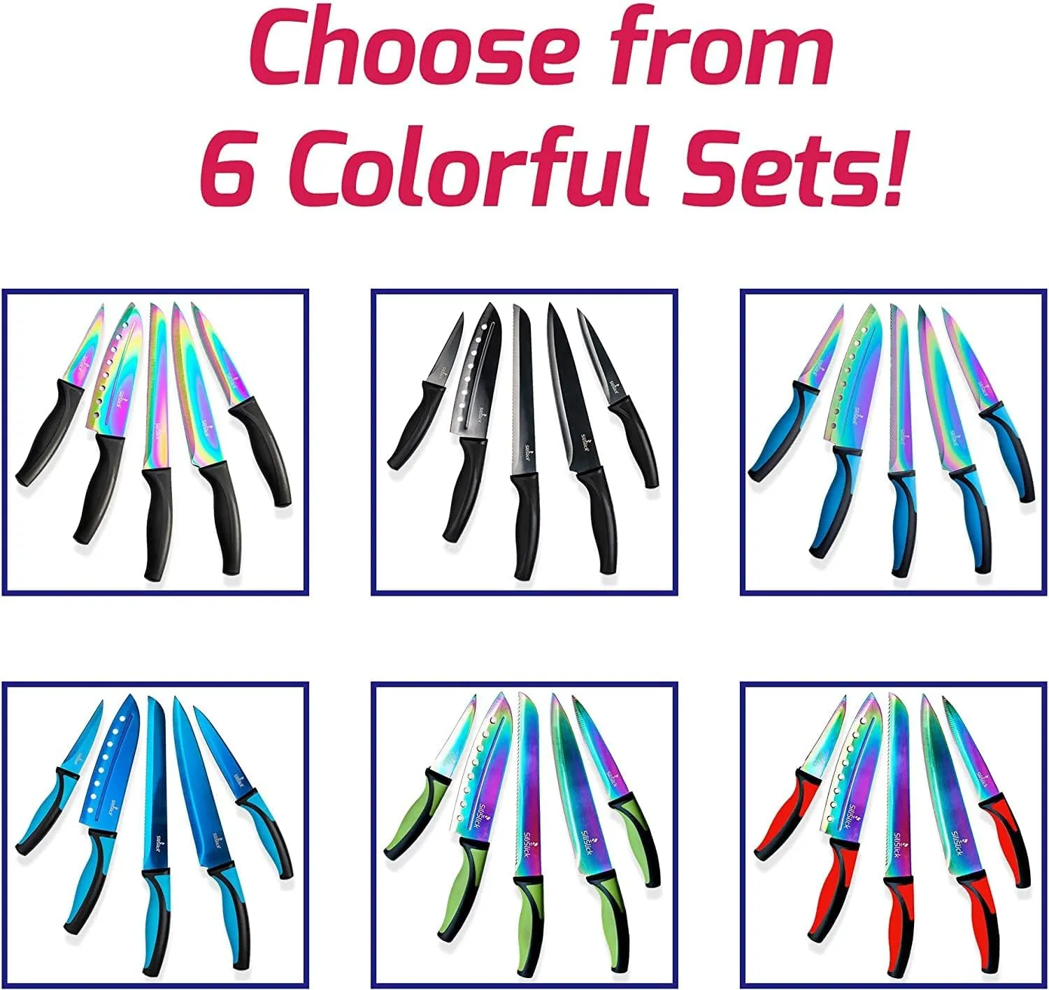 Rainbow Kitchen Knife Set, Sharp Stainless Steel Knives with Titanium Coating, Chef, Bread, Santoku, Paring, & Utility, Includes Covers, Ergonomic Black Handle