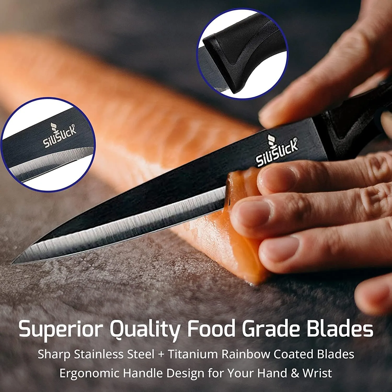 Rainbow Kitchen Knife Set, Sharp Stainless Steel Knives with Titanium Coating, Chef, Bread, Santoku, Paring, & Utility, Includes Covers, Ergonomic Black Handle