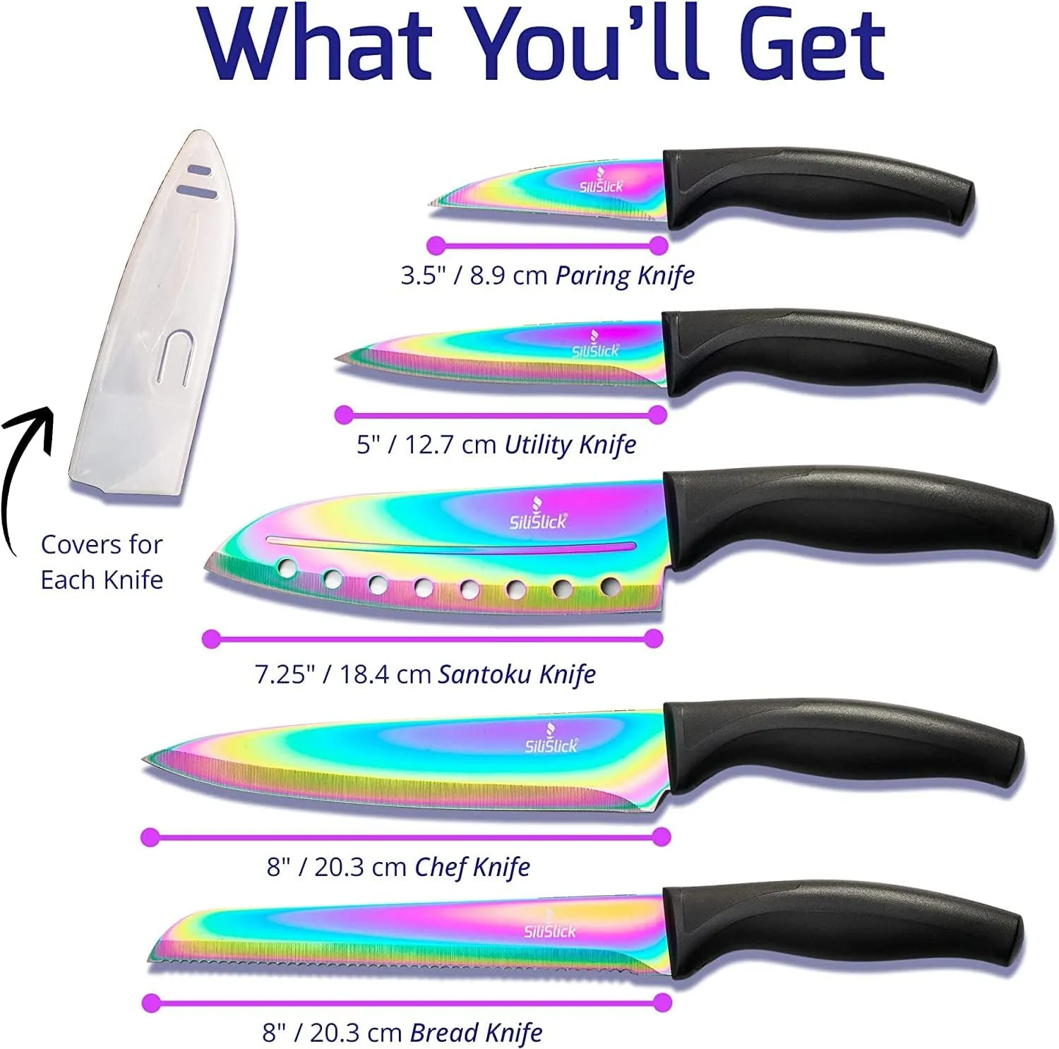 Rainbow Kitchen Knife Set, Sharp Stainless Steel Knives with Titanium Coating, Chef, Bread, Santoku, Paring, & Utility, Includes Covers, Ergonomic Black Handle