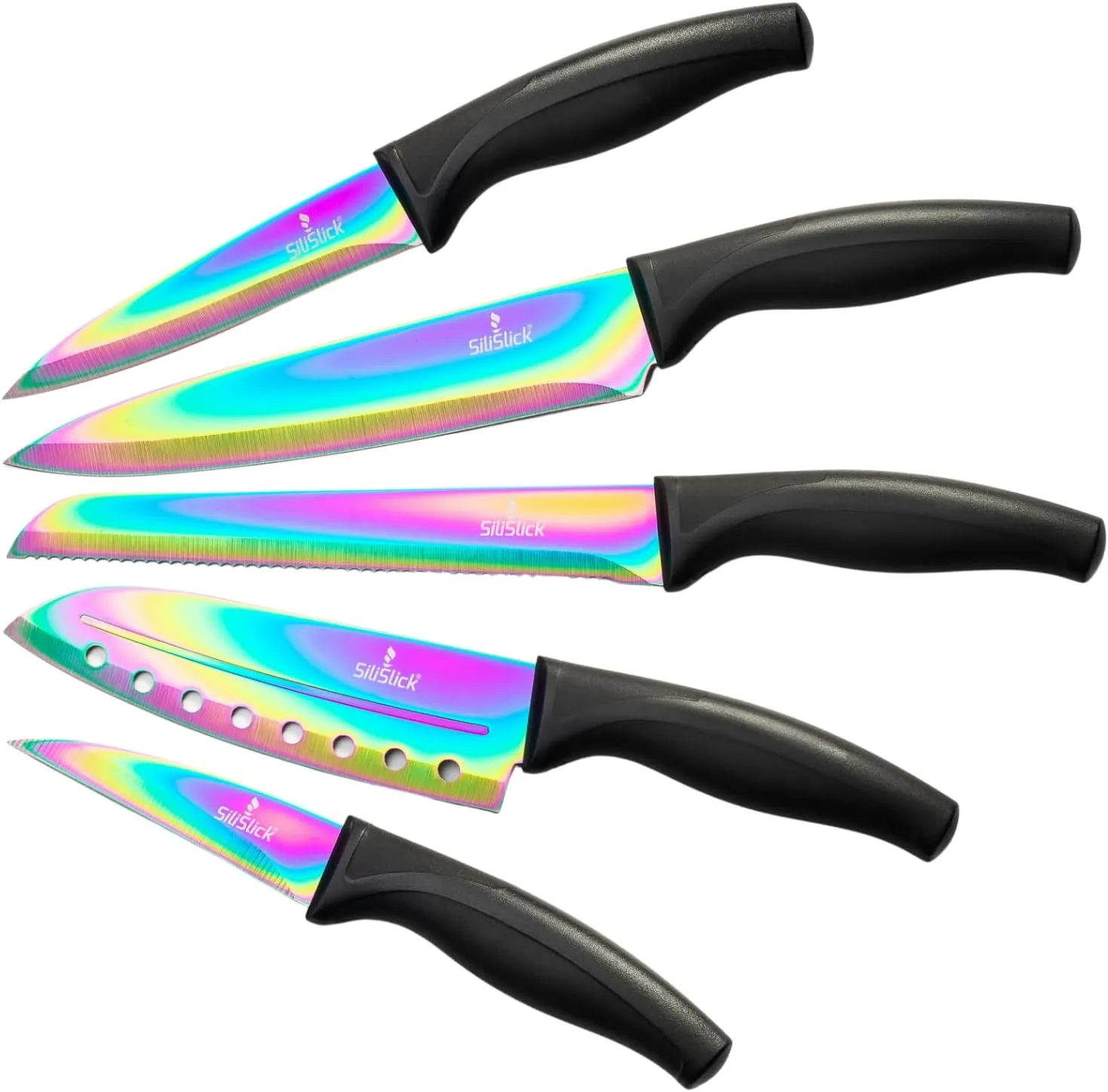 Rainbow Kitchen Knife Set, Sharp Stainless Steel Knives with Titanium Coating, Chef, Bread, Santoku, Paring, & Utility, Includes Covers, Ergonomic Black Handle