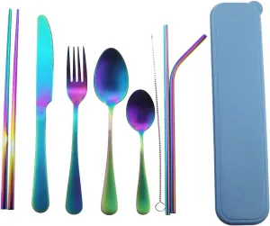 Rainbow Reusable Utensils with Case Camping Travel Silverware Set,Portable Stainless Steel Cutlery Set - Matte Flatware Set Knife Fork Spoon Mirror Straws Chopsticks - for Office Lunch, Hiking,School