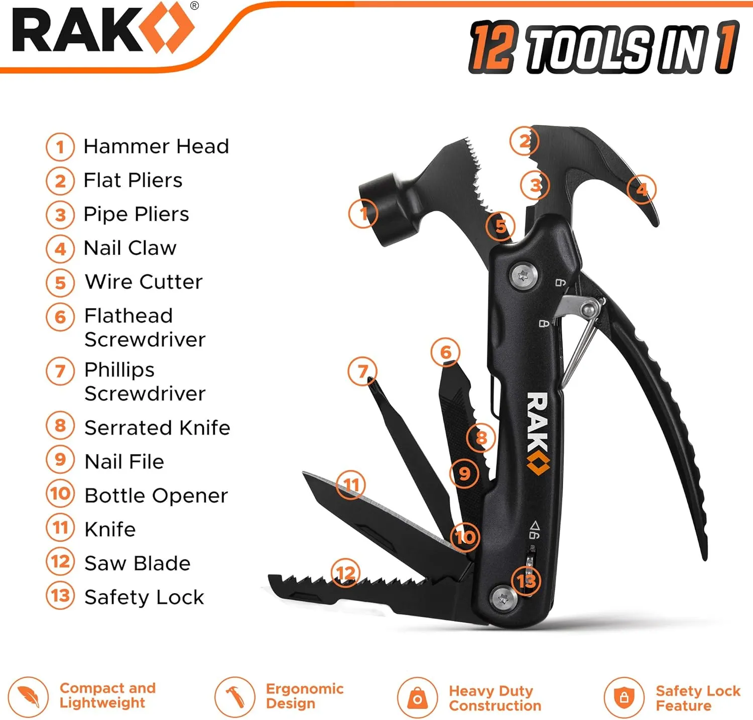 RAK Hammer Multitool BirthdayGifts for Men - Cool Unique Gifts For Men Who Have Everything - Compact DIY Survival Multi Tool - Backpacking & Camping Accessories - Gadget Gifts