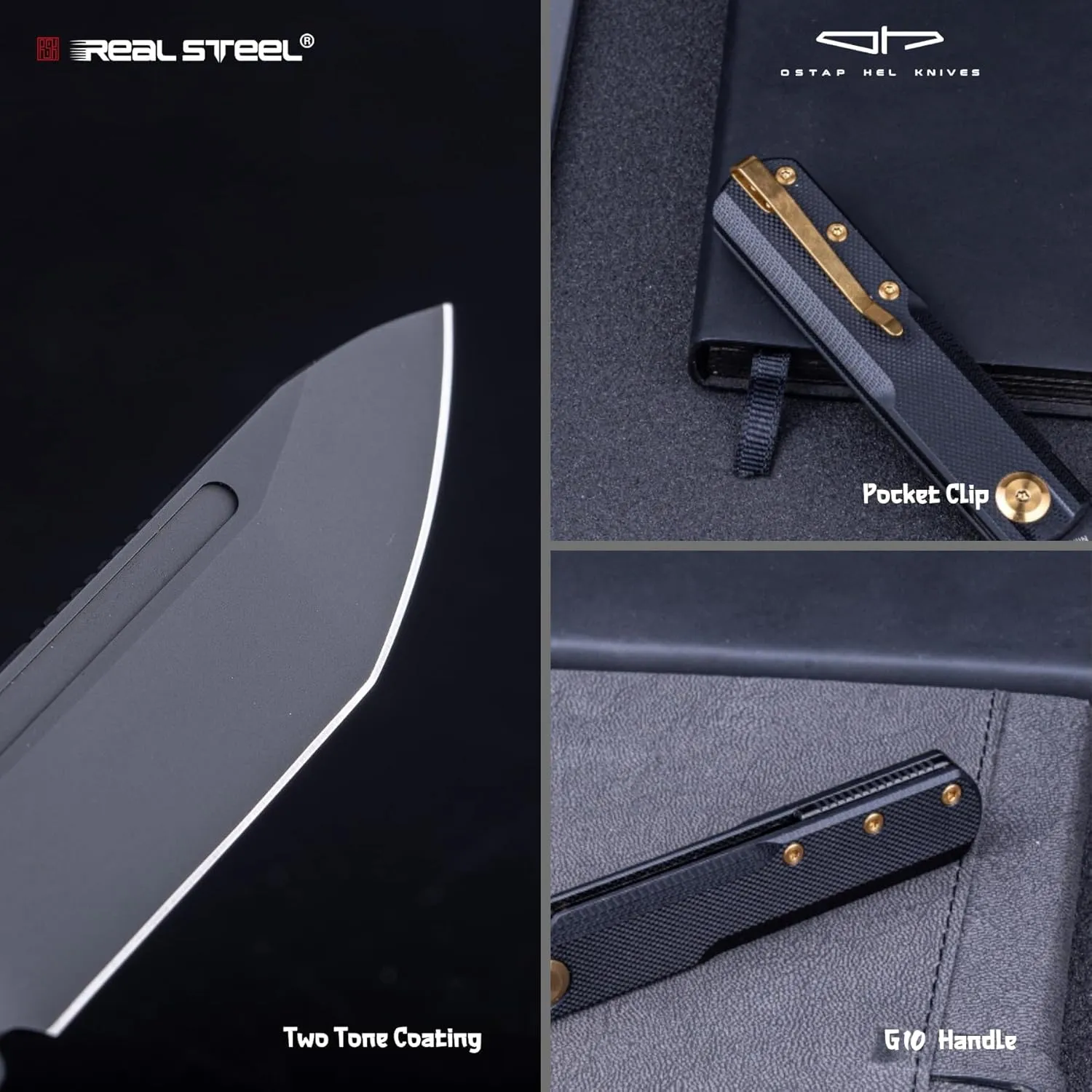 REALSTEEL G-Tanto Pocket Knife,Folding Knives,2.6" Nitro-V Blade,Double Detent Ball Slipjoint EDC,G10 Handle,2.2oz,Clip,Gift for Men Women Outdoor Indoor Daily Use Camping Hiking(Full Black)