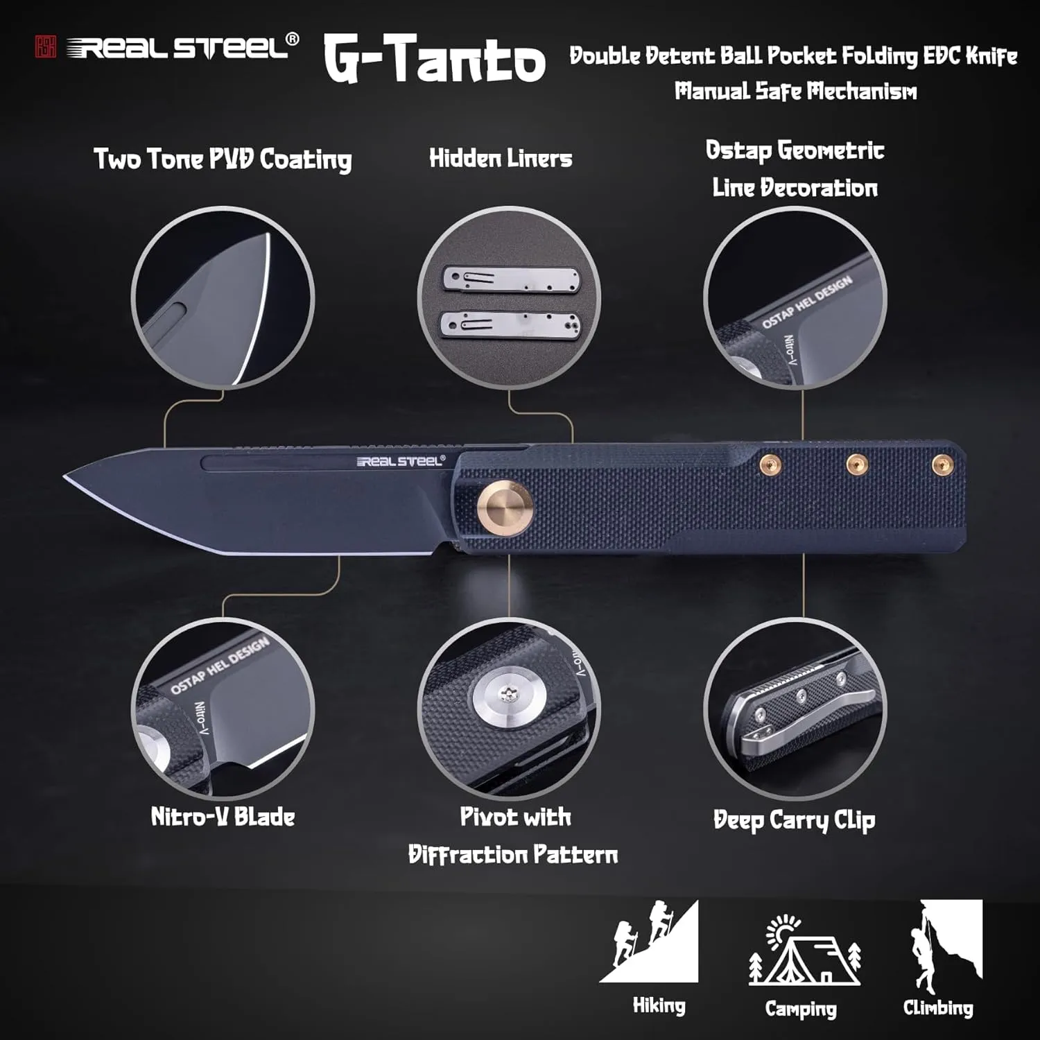 REALSTEEL G-Tanto Pocket Knife,Folding Knives,2.6" Nitro-V Blade,Double Detent Ball Slipjoint EDC,G10 Handle,2.2oz,Clip,Gift for Men Women Outdoor Indoor Daily Use Camping Hiking(Full Black)