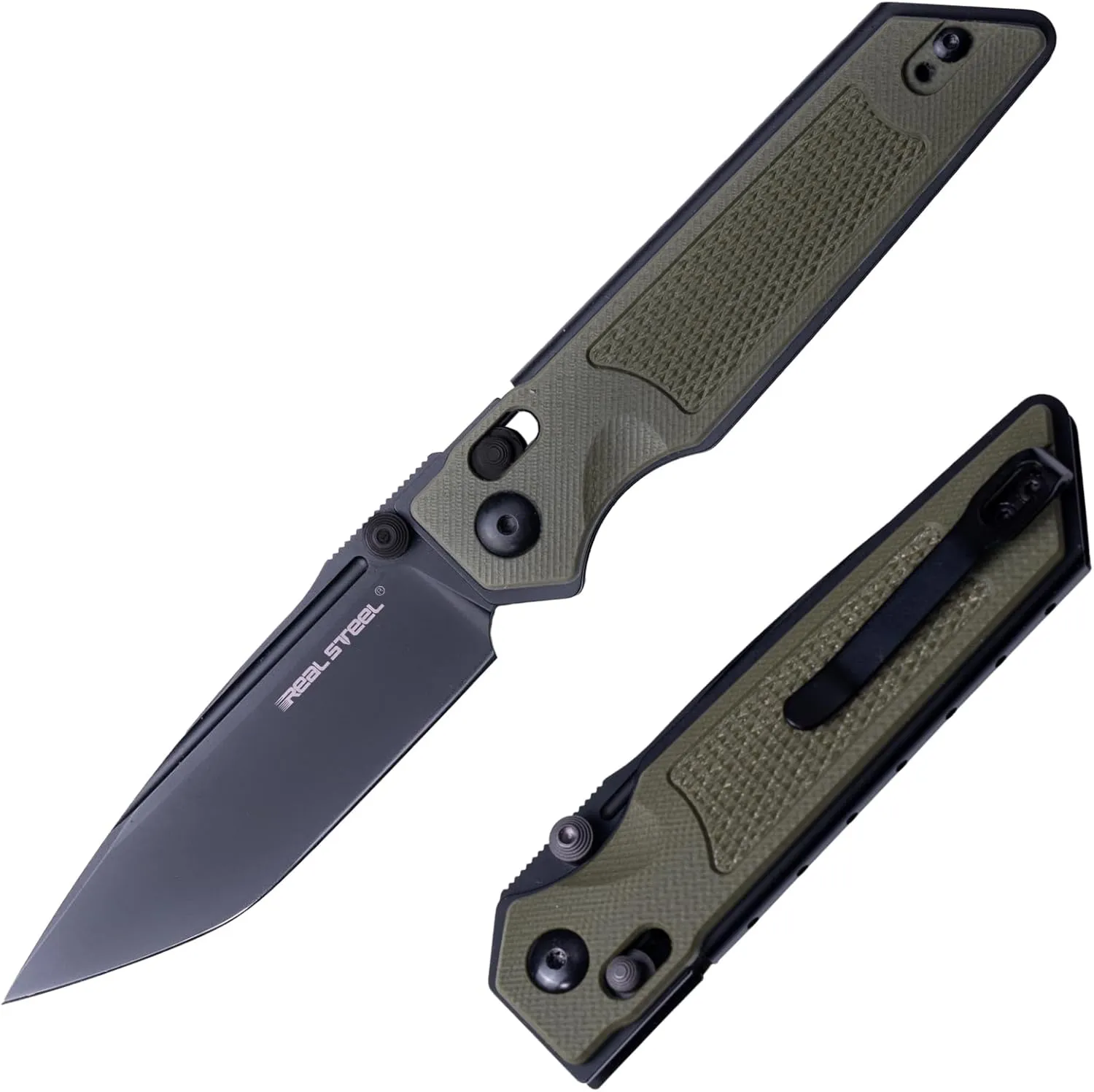 REALSTEEL SACRA Pocket Knife, Folding Knife, Crossbar Lock, 3.31" Böhler K110 Steel Blade, Thumb Stud, G10/Micarta Handle, 2.58oz, Deep-carry Pocket Clip, EDC Outdoor Indoor, Gifts for Men Women Camping Hiking Climbing Fishing (Black/Green Tac G10)