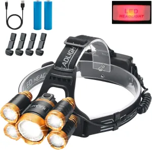 Rechargeable Headlamp, 2000 Lumen Ultra Bright 5 LED Head Lamp for Adults, Waterproof Zoomable Headlight Flashlight, Work Outdoor Hard Hat Light for Camping Hiking Fishing Hunting