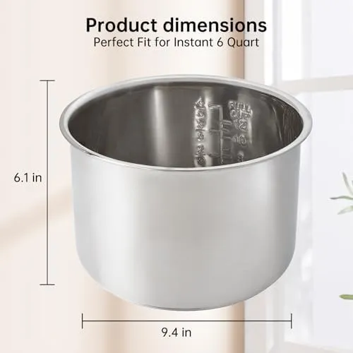 Replacement Inner Pot for Instant 6 quart - Stainless Steel Rice Cooker Pot Replacement, Polished Surface with Markings, Nonstick Replacement Insert Liner, for Instant Pot Accessories