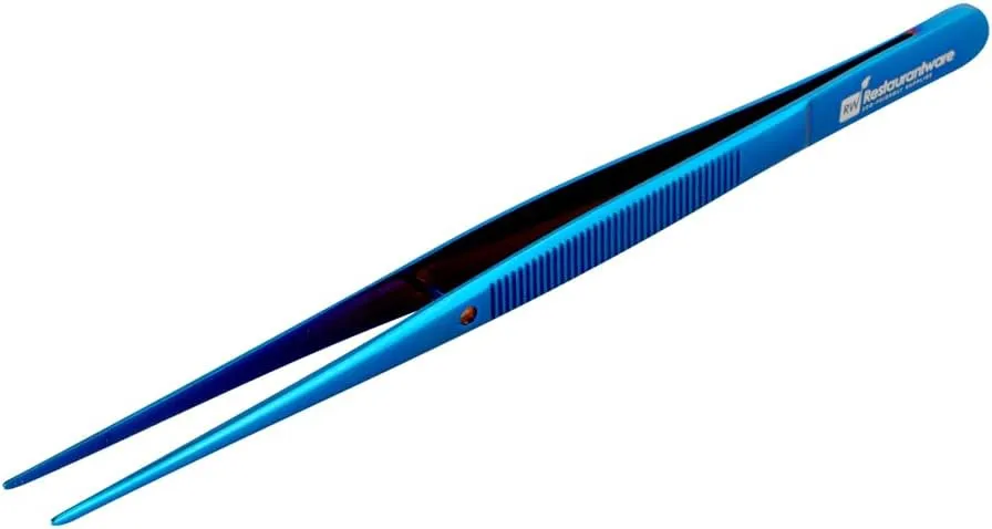 Restaurantware Perfect Point 6.3 Inch Food Tweezers 1 Straight Kitchen Tweezers - Fine Point Serrated Tips For Precision Blue Stainless Steel Cooking Tweezers For Seafood Plating Or Decorating