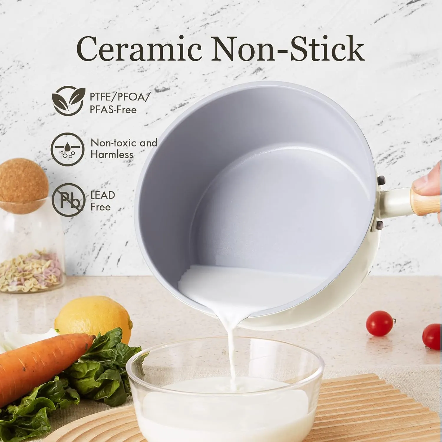 ROCKURWOK Ceramic Nonstick Sauce Pan with Lid, 1.5 Qt Small Pots for Cooking, Small Pot Wooden Handle for Cool Touch, Non Toxic & Pfas-Free Saucepan, Universal Base(Gas, Electric & Induction), White
