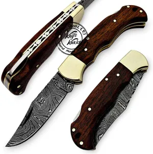 Rose Wood 6.5'' 100% Handmade Damascus Steel Folding Pocket Knife 100% Prime Quality