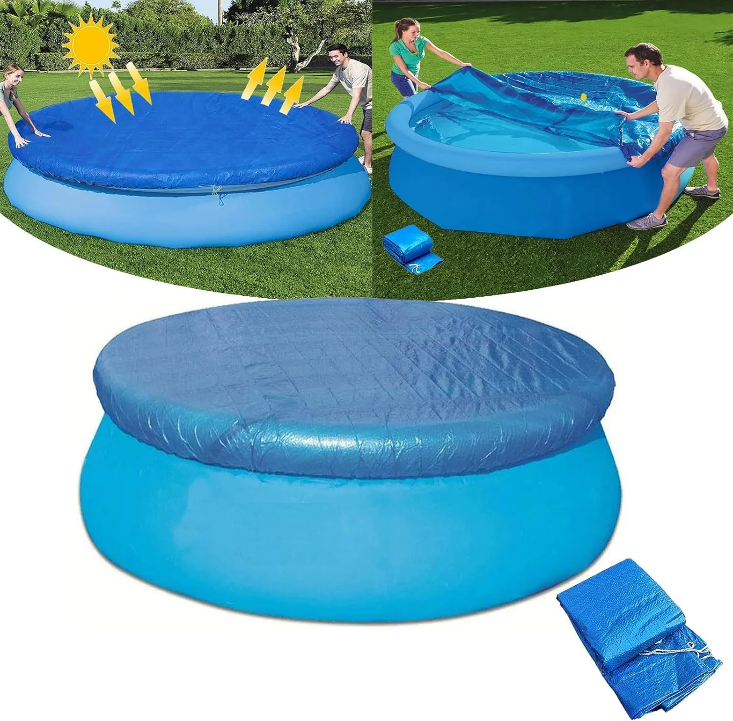 Round Pool Cover, Fits 10 ft Round Inflatable Pool Cover for Above Ground Pool, Swimming Pool Solar Cover with Elastic Cord, Wind Dust and Rainproof Outdoor Family Pools Cover
