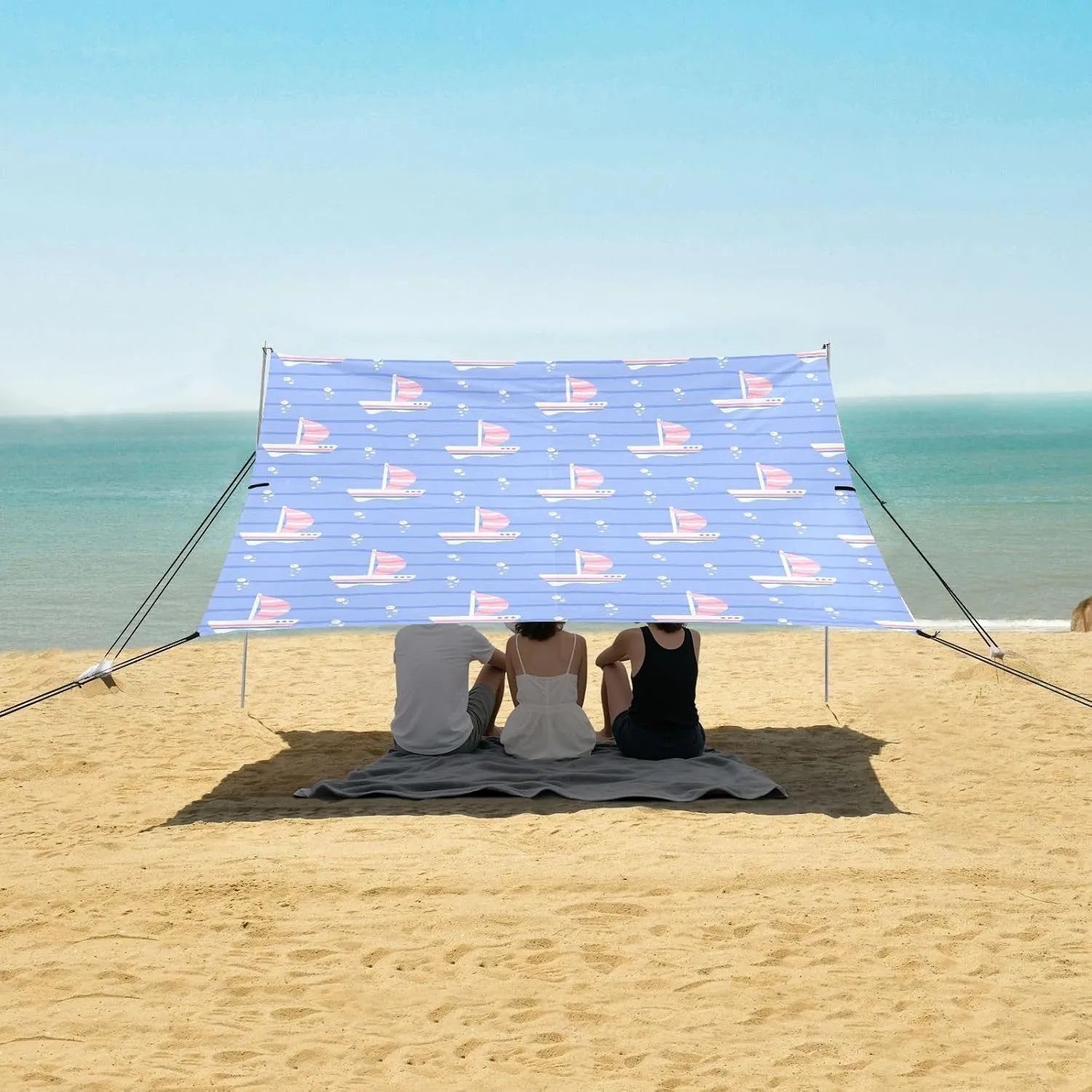 Sailing Boat Beach Canopy Tent Anti-UV & Wind Resistant, Camping Sun Shelter Easy Setup Portable,Outdoor Shade Tents with Sandbags,Sand Shovels,Ground Pegs & Stability Poles