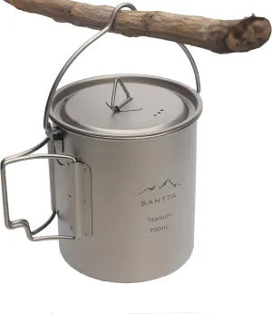 SANTTA 700mL Dual-Function Titanium Camping Mug Pot, 25oz Ultra Light Pot with Bail Handle for Outdoor Cooking