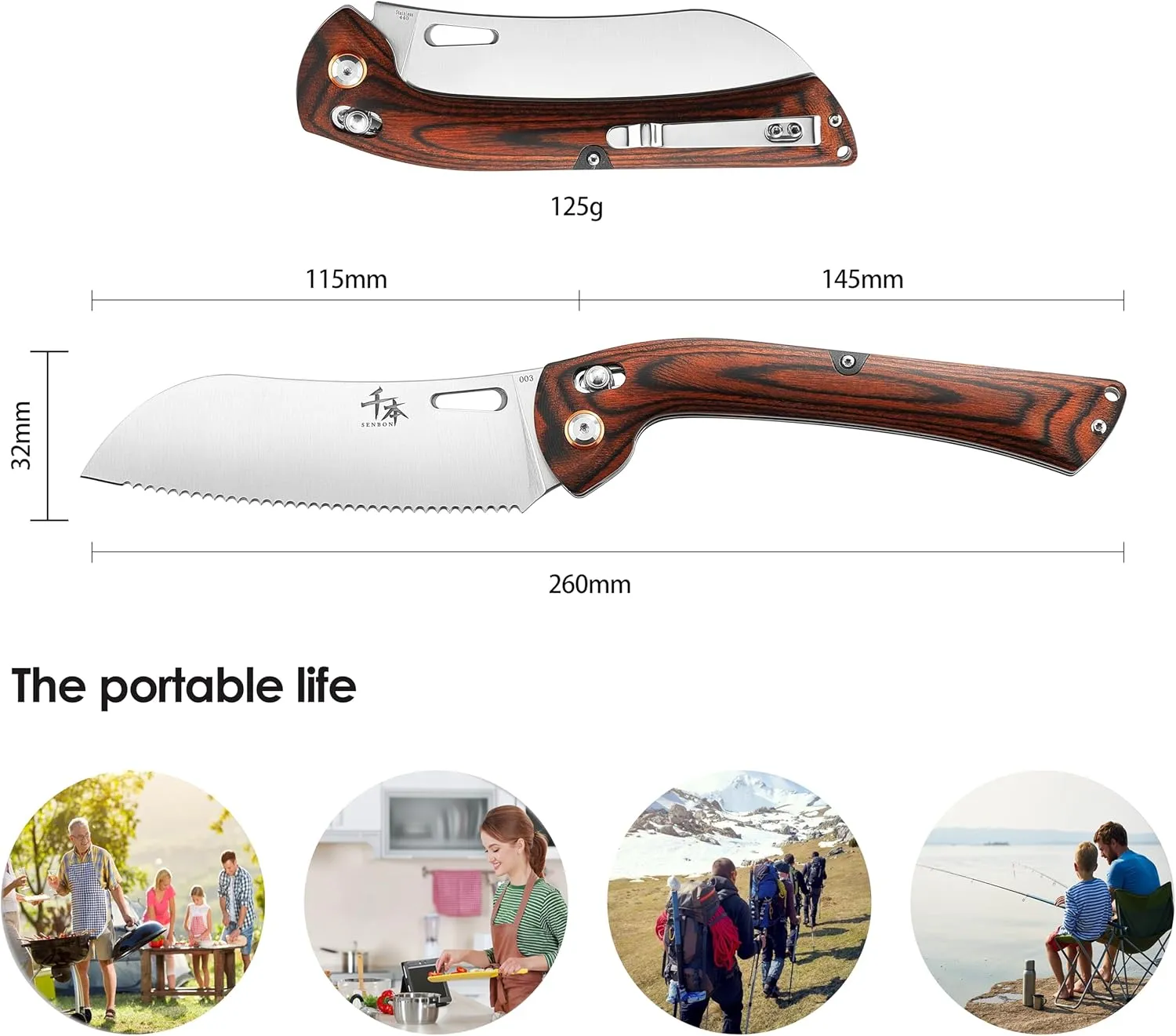 SENBON 440 Stainless Steel Super Sharp Pocket Folding Chef Knife Peeling Utility Knife Fruit Knife Handle Camping Barbecue Outdoor Back Clip Portable