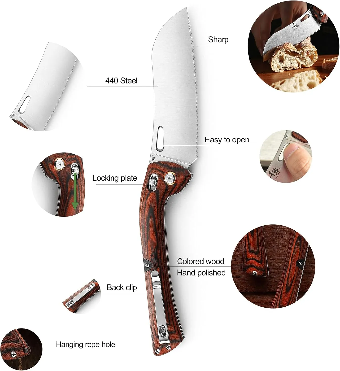 SENBON 440 Stainless Steel Super Sharp Pocket Folding Chef Knife Peeling Utility Knife Fruit Knife Handle Camping Barbecue Outdoor Back Clip Portable