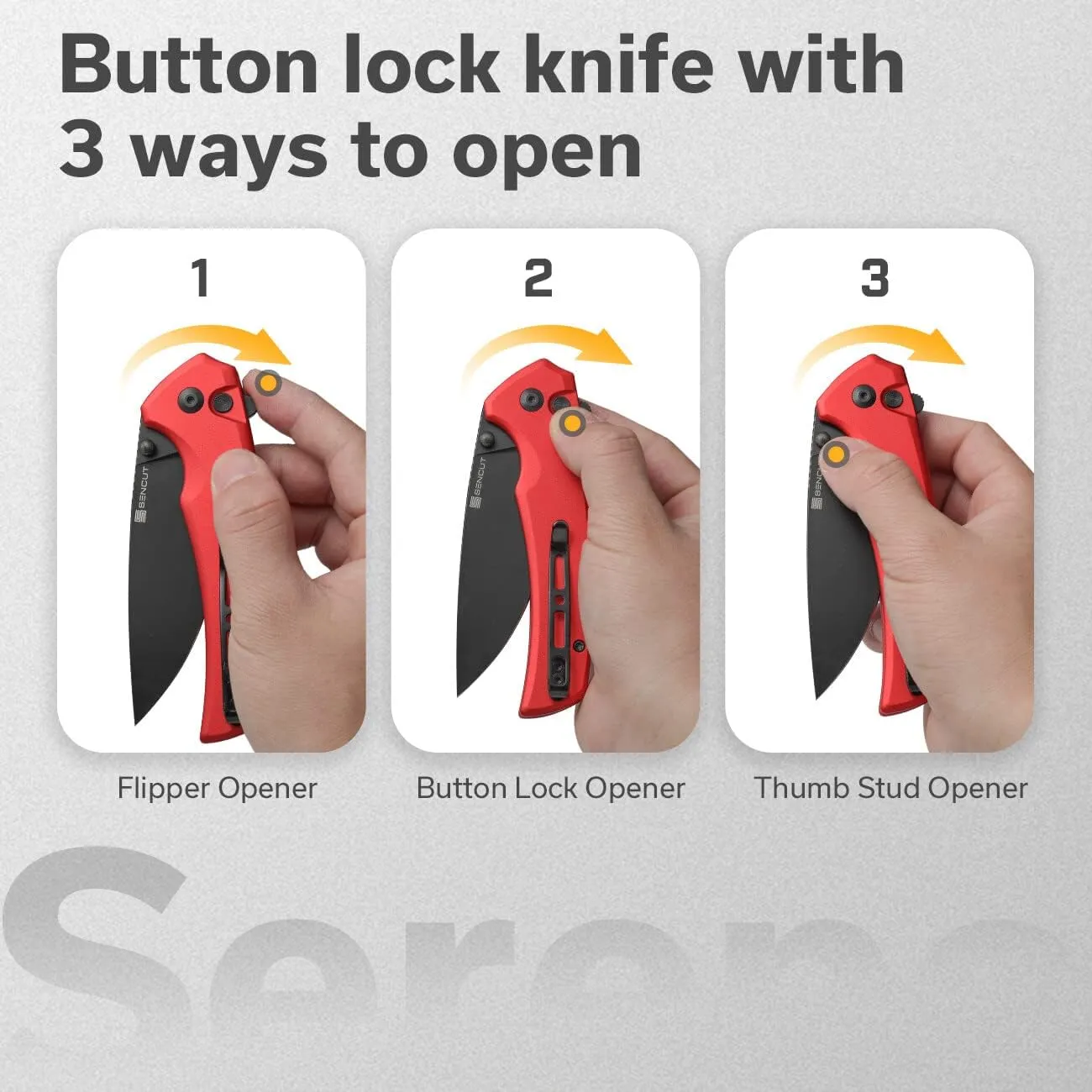 SENCUT Button Lock Pocket Knife for EDC, Serene Folding Knife, Thumb Stud & Flipper Opener, Aluminum Handle with 3.48" D2 Black Stonewashed Blade for Outdoor, Camping, Hunting S21022B-2 (Red)