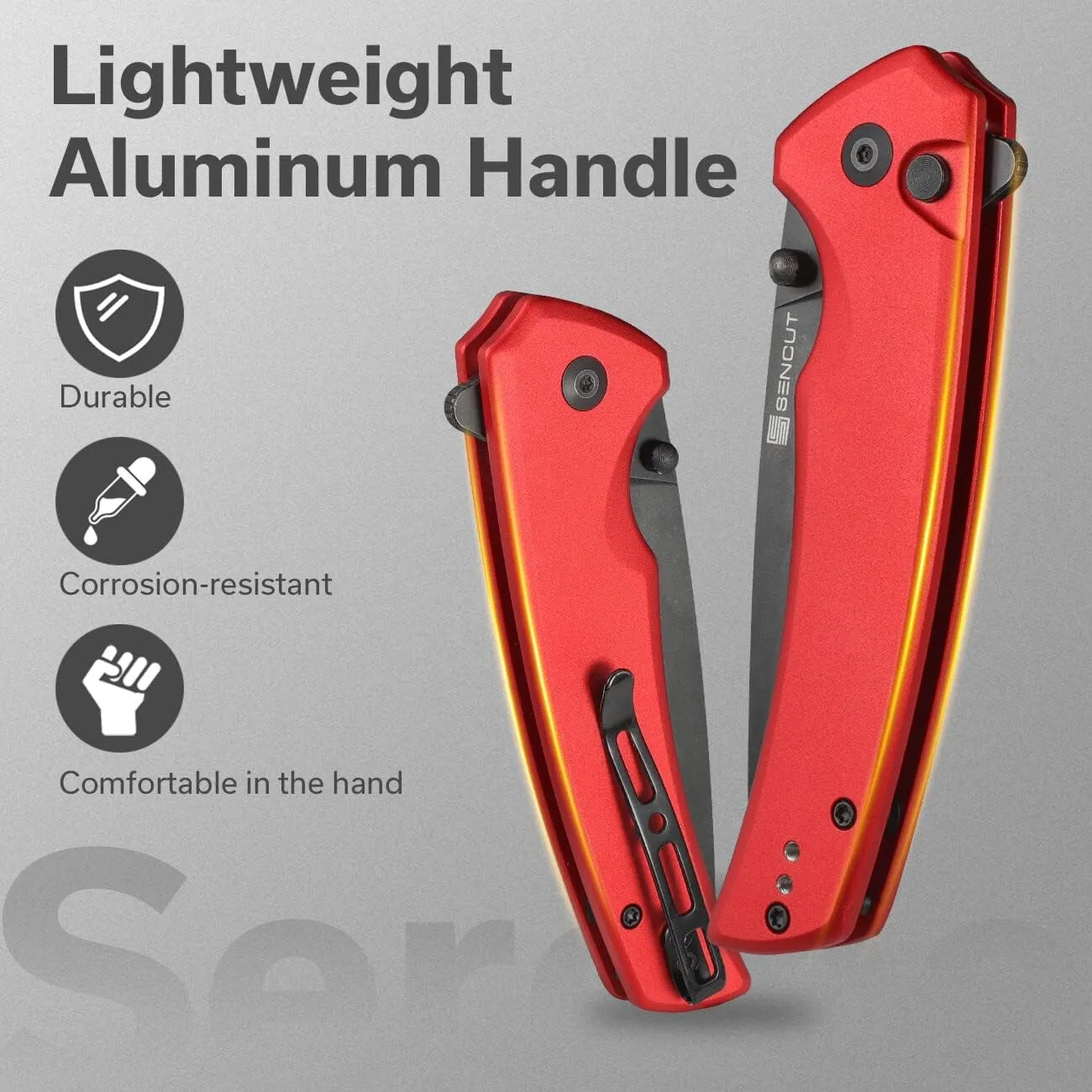 SENCUT Button Lock Pocket Knife for EDC, Serene Folding Knife, Thumb Stud & Flipper Opener, Aluminum Handle with 3.48" D2 Black Stonewashed Blade for Outdoor, Camping, Hunting S21022B-2 (Red)