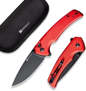 SENCUT Button Lock Pocket Knife for EDC, Serene Folding Knife, Thumb Stud & Flipper Opener, Aluminum Handle with 3.48" D2 Black Stonewashed Blade for Outdoor, Camping, Hunting S21022B-2 (Red)